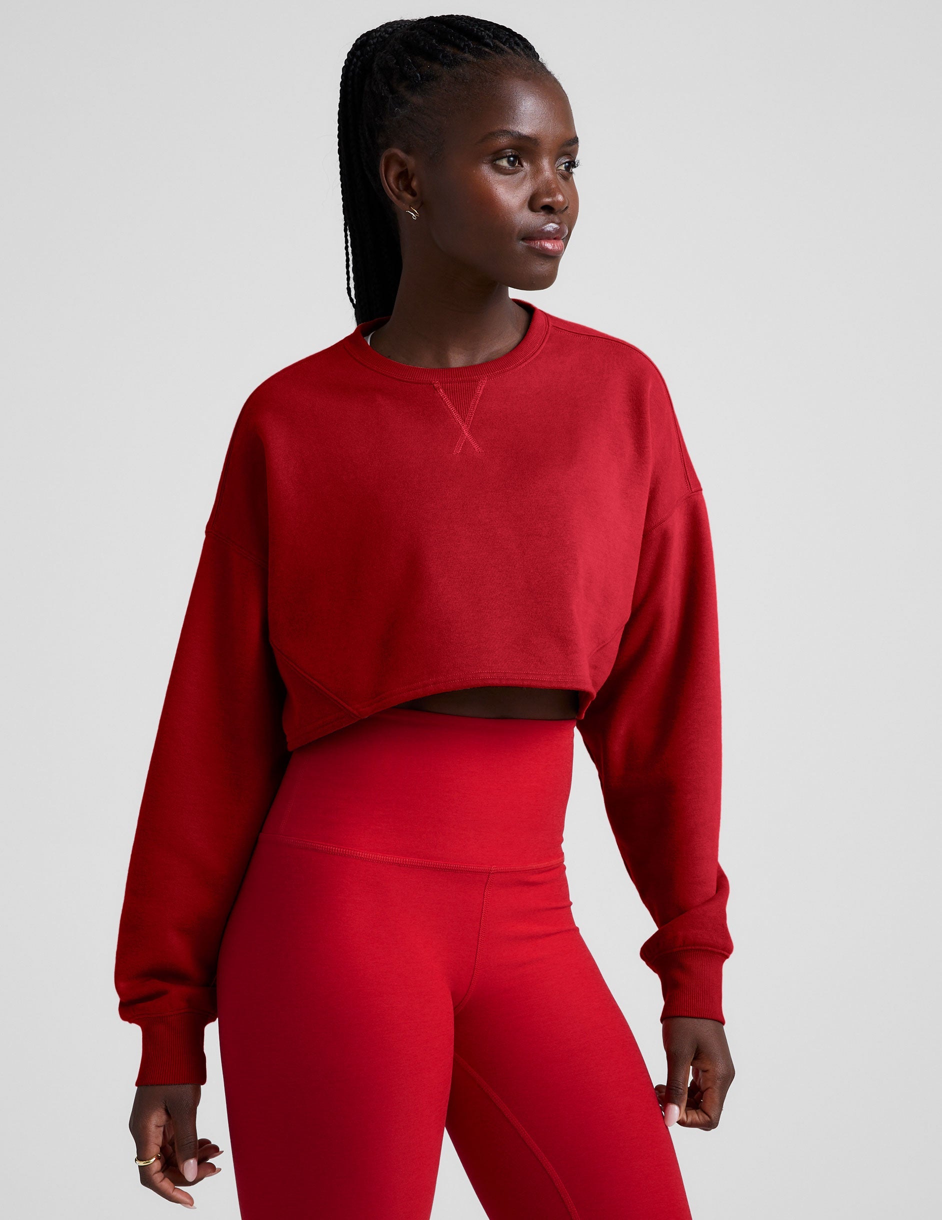 Holly Red LuxeFleece Cropped Crew Neck Sweatshirt: Loose Fit, Cozy Comfort