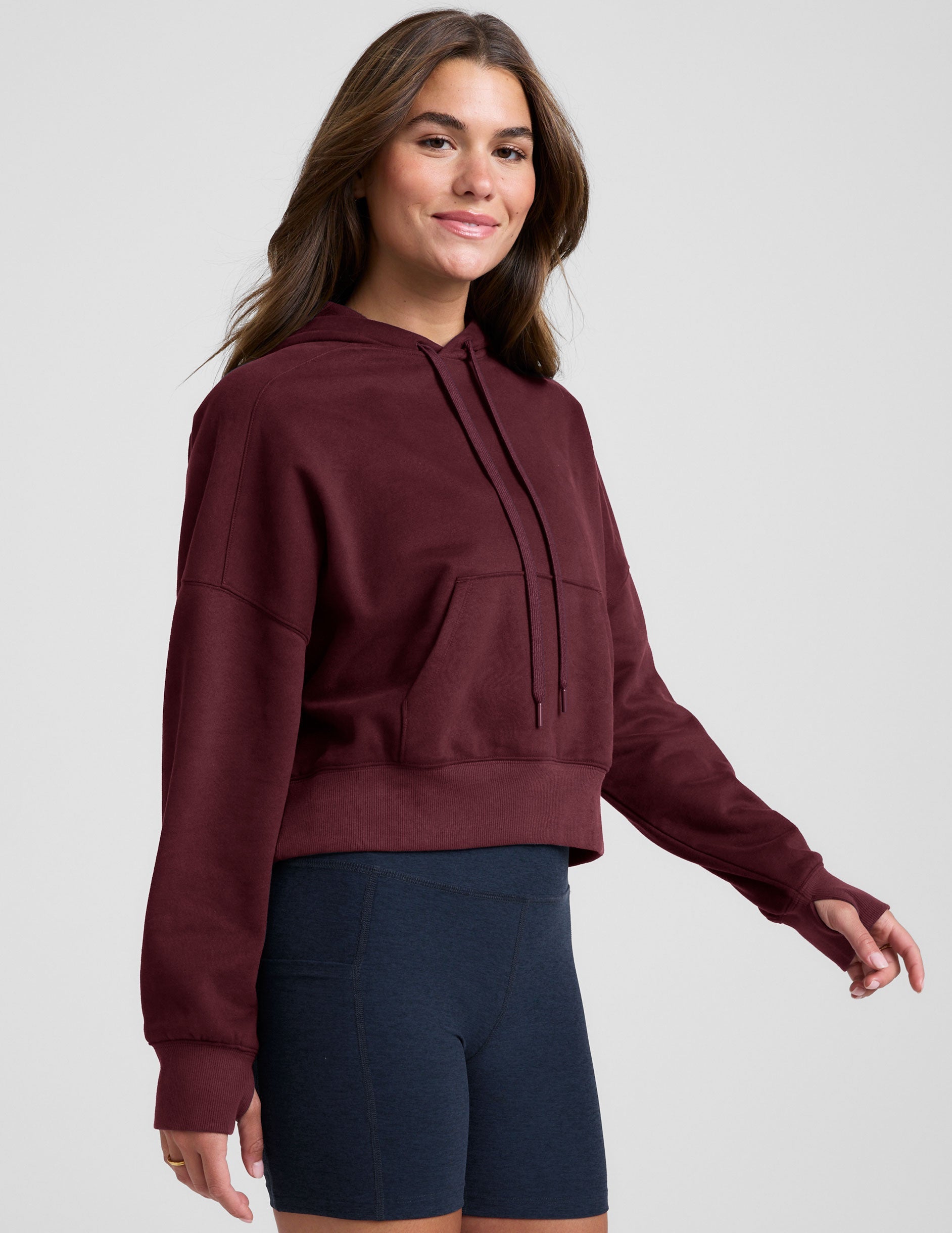 Plush LuxeFleece Cropped Hoodie with Thumbholes and Kangaroo Pocket