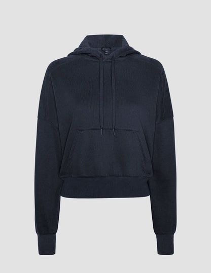 Nocturnal Navy LuxeFleece Cropped Hoodie: Cozy Pullover with Thumbholes and Kangaroo Pocket