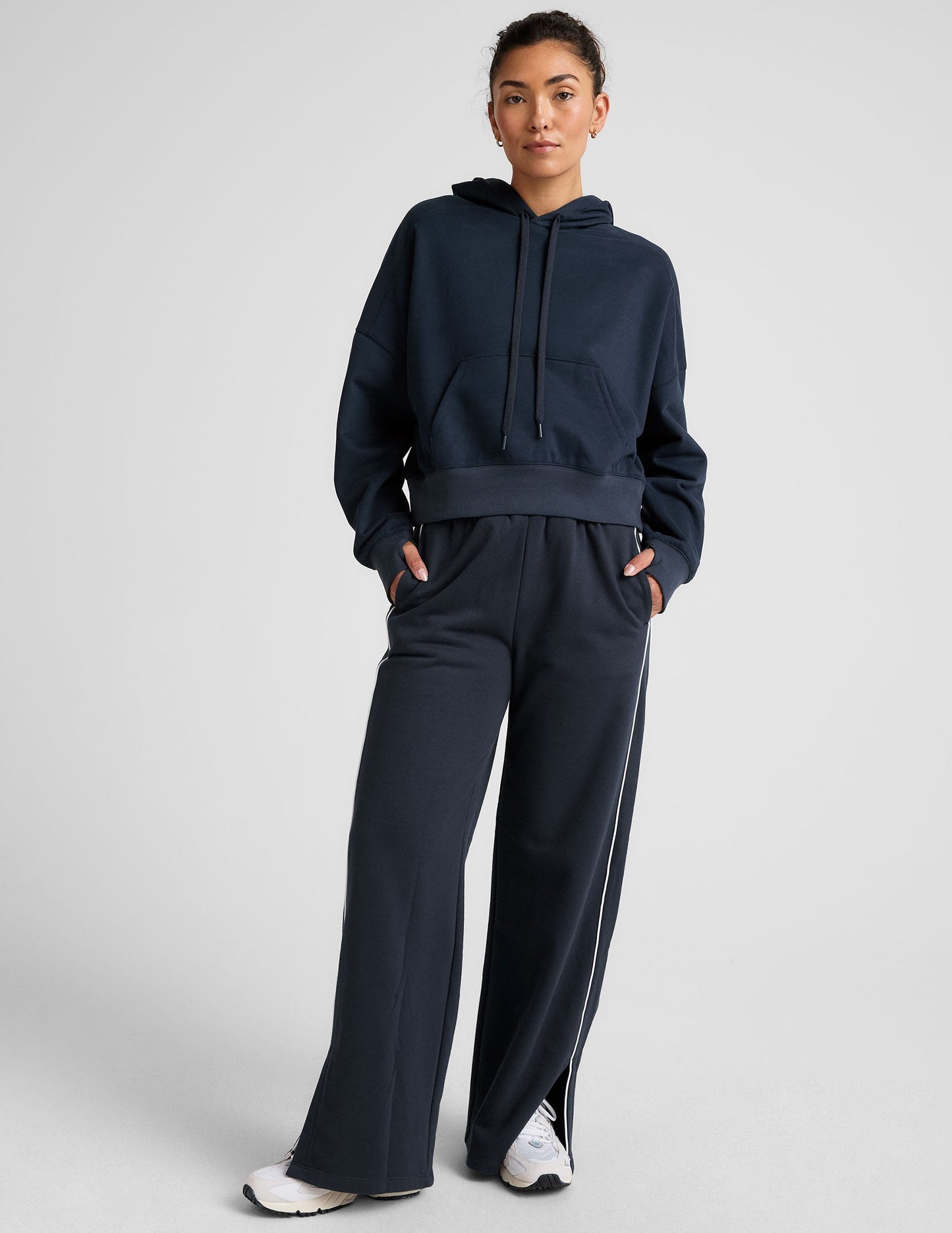Nocturnal Navy LuxeFleece Cropped Hoodie: Cozy Pullover with Thumbholes and Kangaroo Pocket