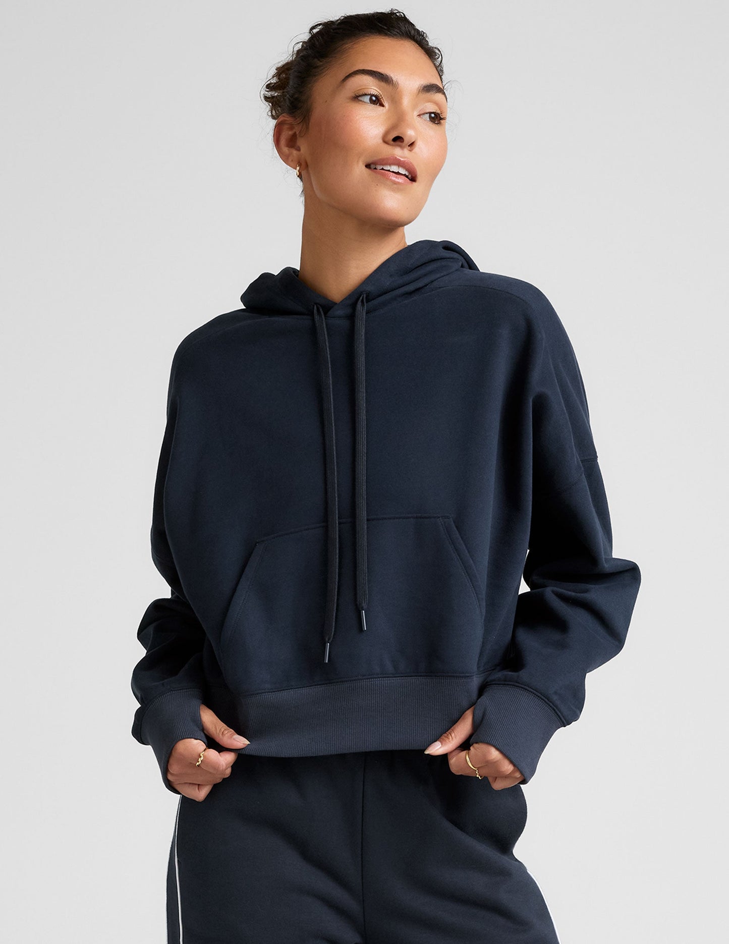 Nocturnal Navy LuxeFleece Cropped Hoodie: Cozy Pullover with Thumbholes and Kangaroo Pocket