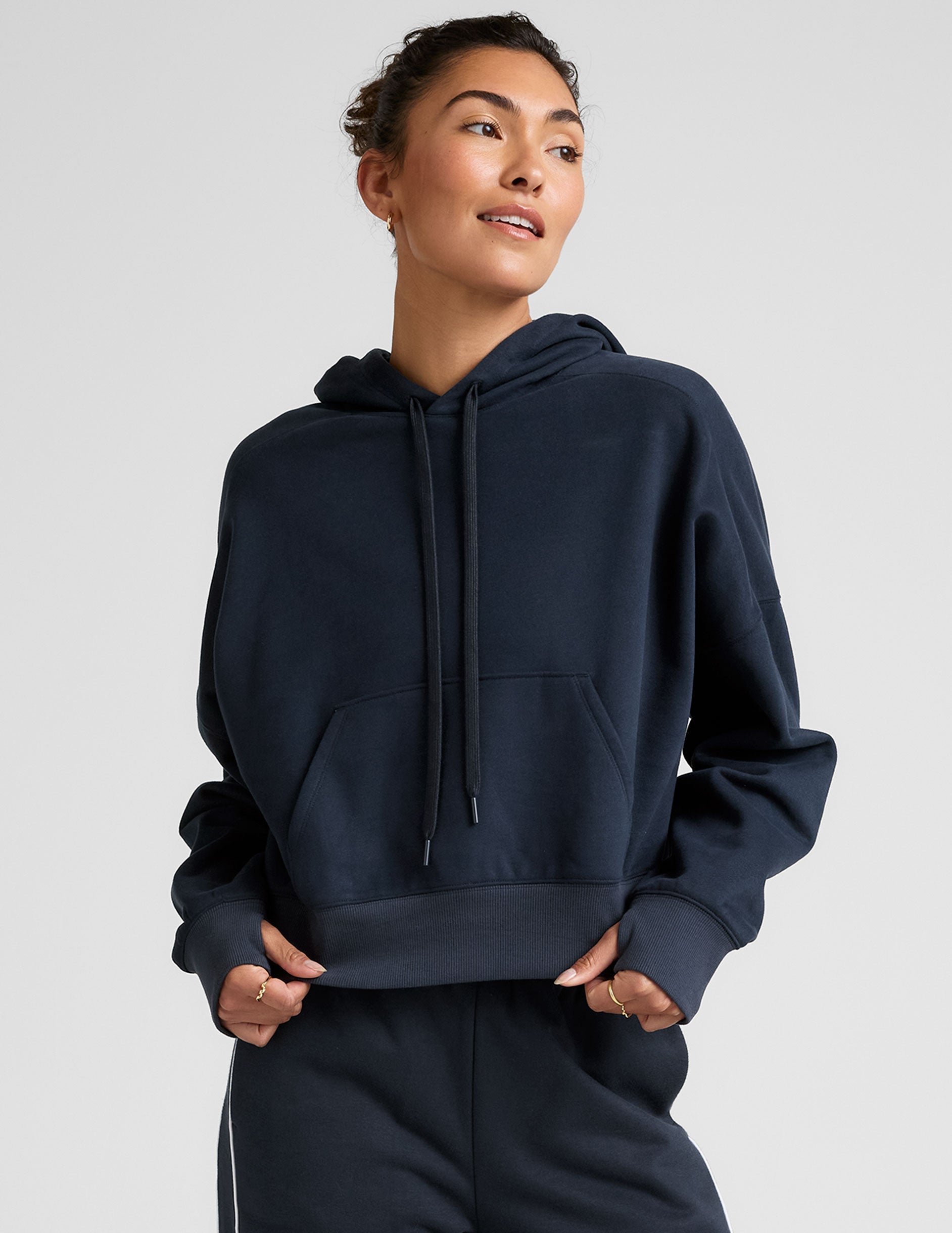 Nocturnal Navy LuxeFleece Cropped Hoodie: Cozy Pullover with Thumbholes and Kangaroo Pocket