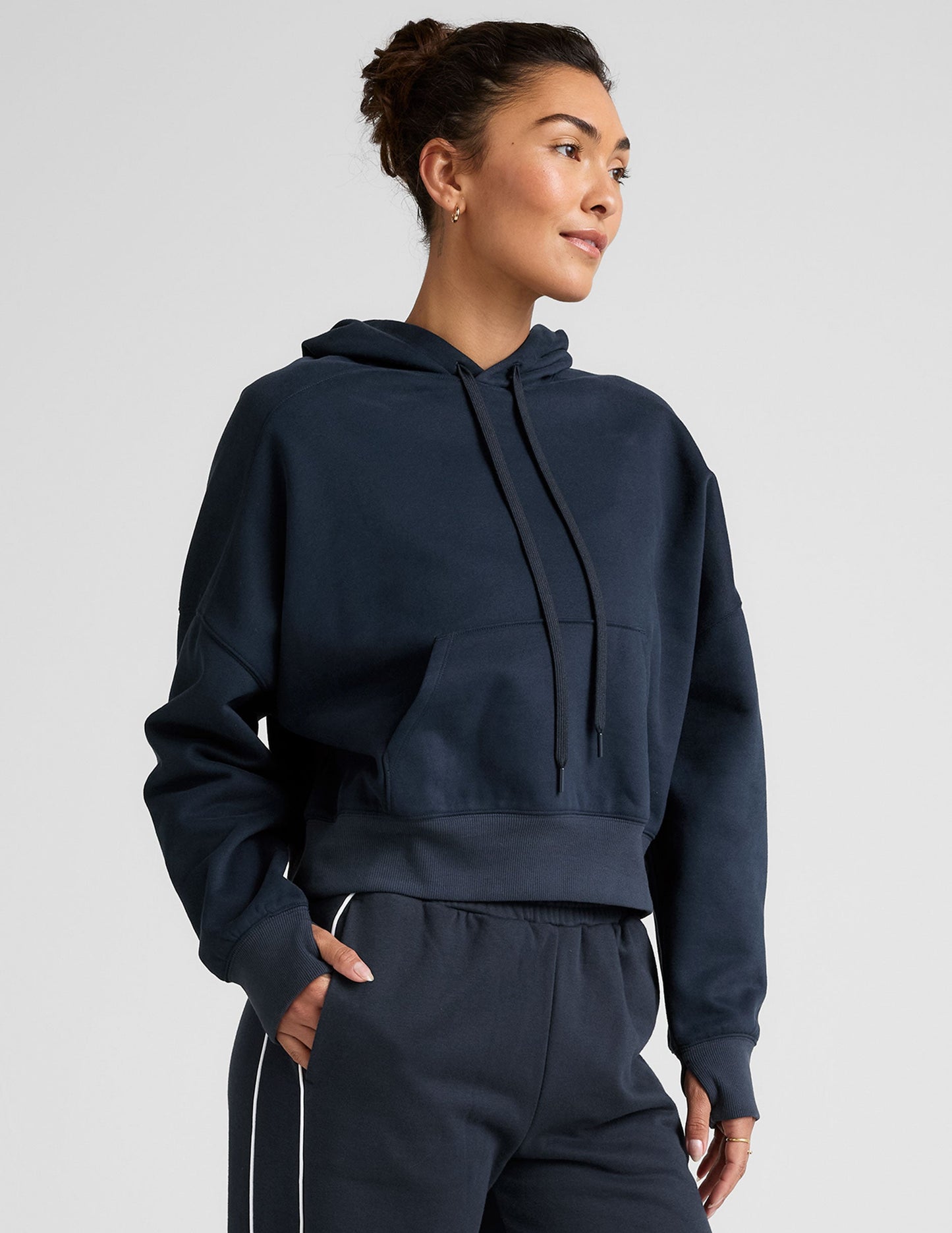 Nocturnal Navy LuxeFleece Cropped Hoodie: Cozy Pullover with Thumbholes and Kangaroo Pocket