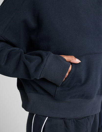 Nocturnal Navy LuxeFleece Cropped Hoodie: Cozy Pullover with Thumbholes and Kangaroo Pocket