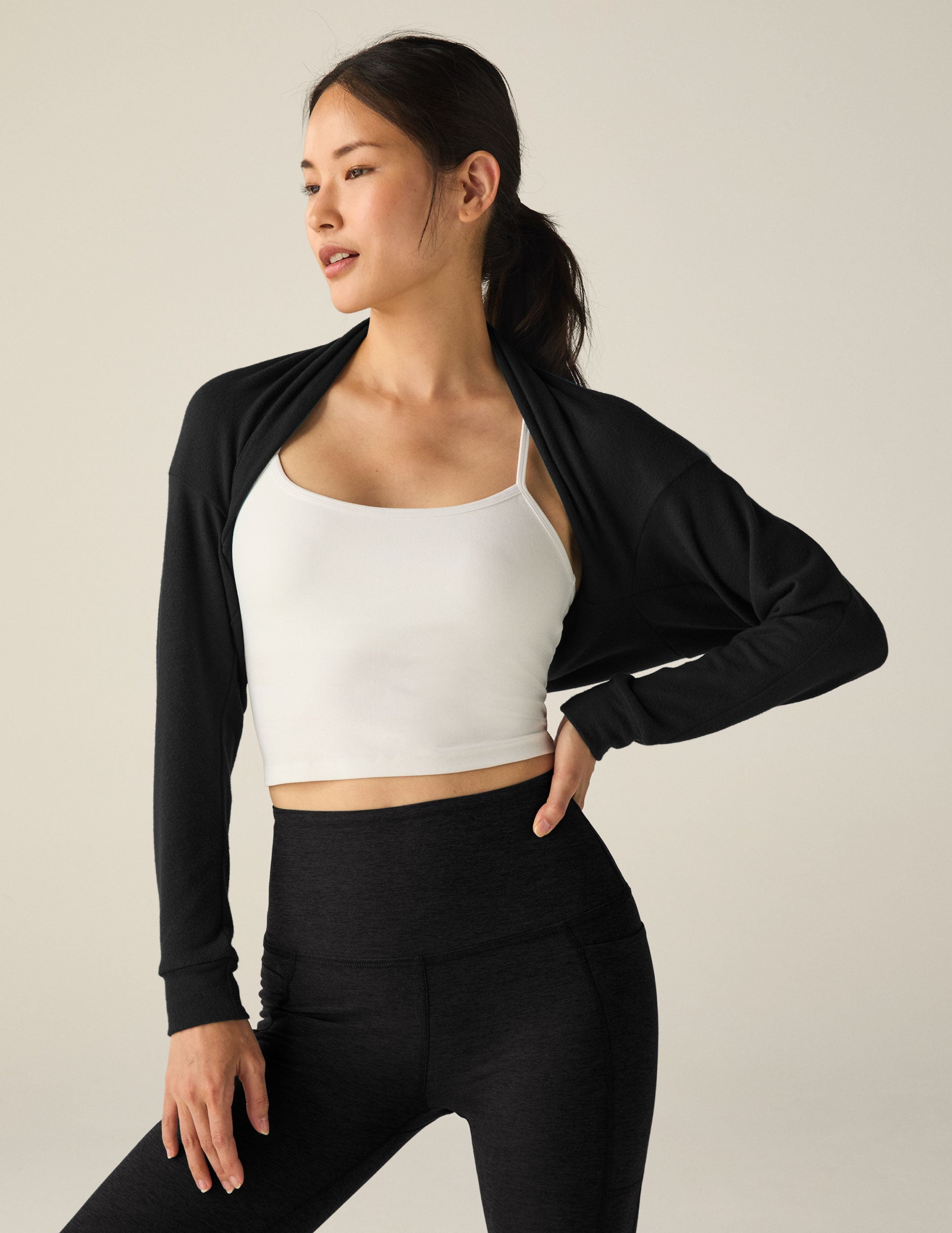 Luxurious Black Knit Convertible Shrug Cardigan: Soft Open Front Long Sleeve Top