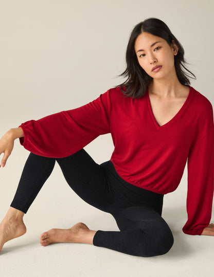 Soft Cozy Luxe Lounger Knit Cropped V-Neck Pullover Sweater for Women