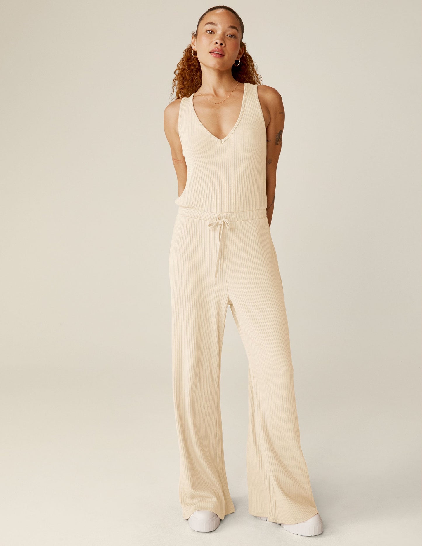 Soft Ribbed V-Neck Drawstring Jumpsuit for Ultimate Comfort & Chic Style