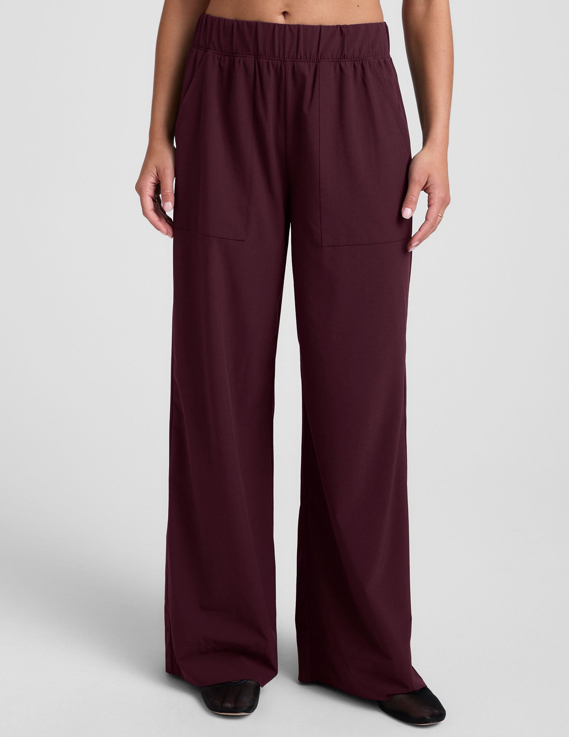 Silky Flowy Wide Leg Pants with Pockets, Mid-Rise, Stretch Woven Fabric