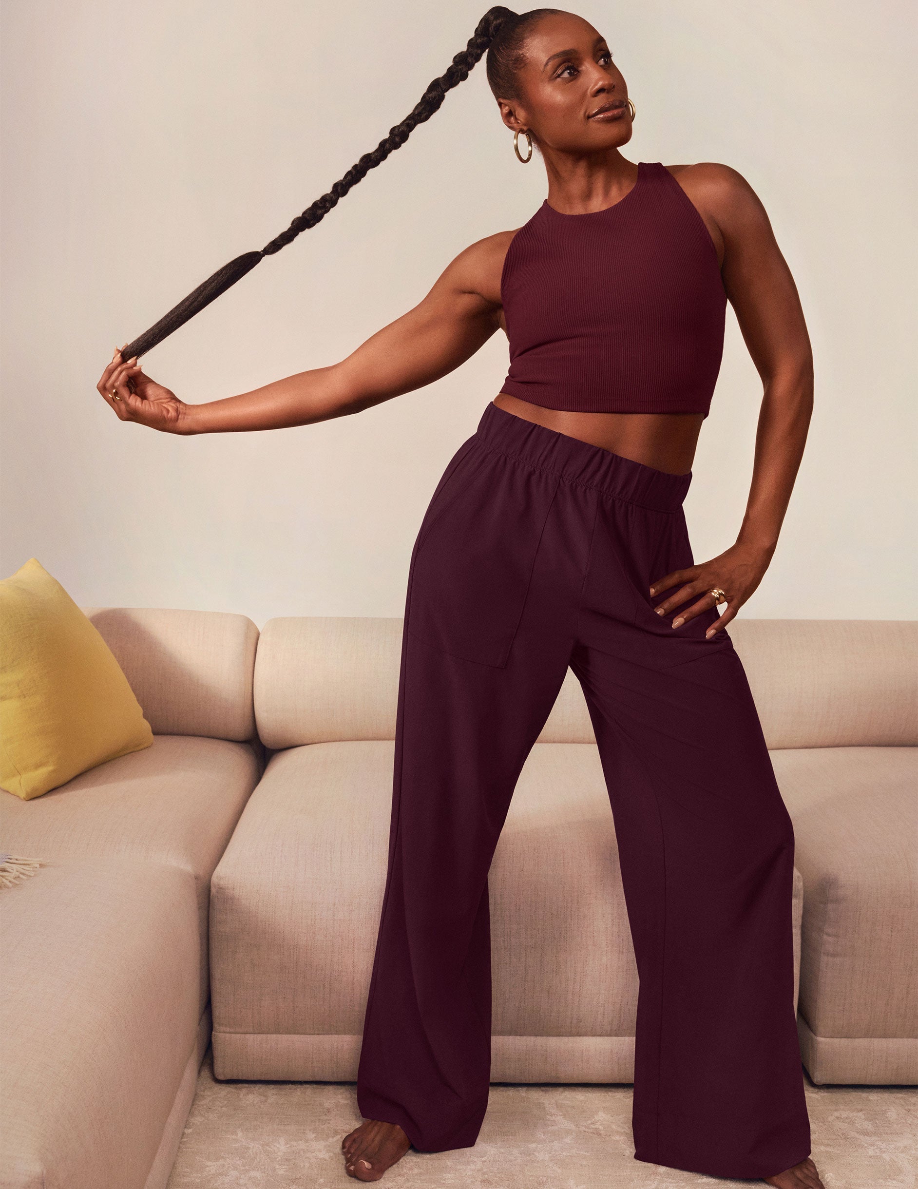 Silky Flowy Wide Leg Pants with Pockets, Mid-Rise, Stretch Woven Fabric