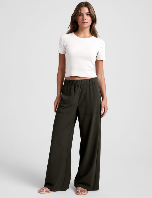 Super Soft Olive Ink Wide Leg Pants: Mid-Rise, Pockets, Elastic Waist