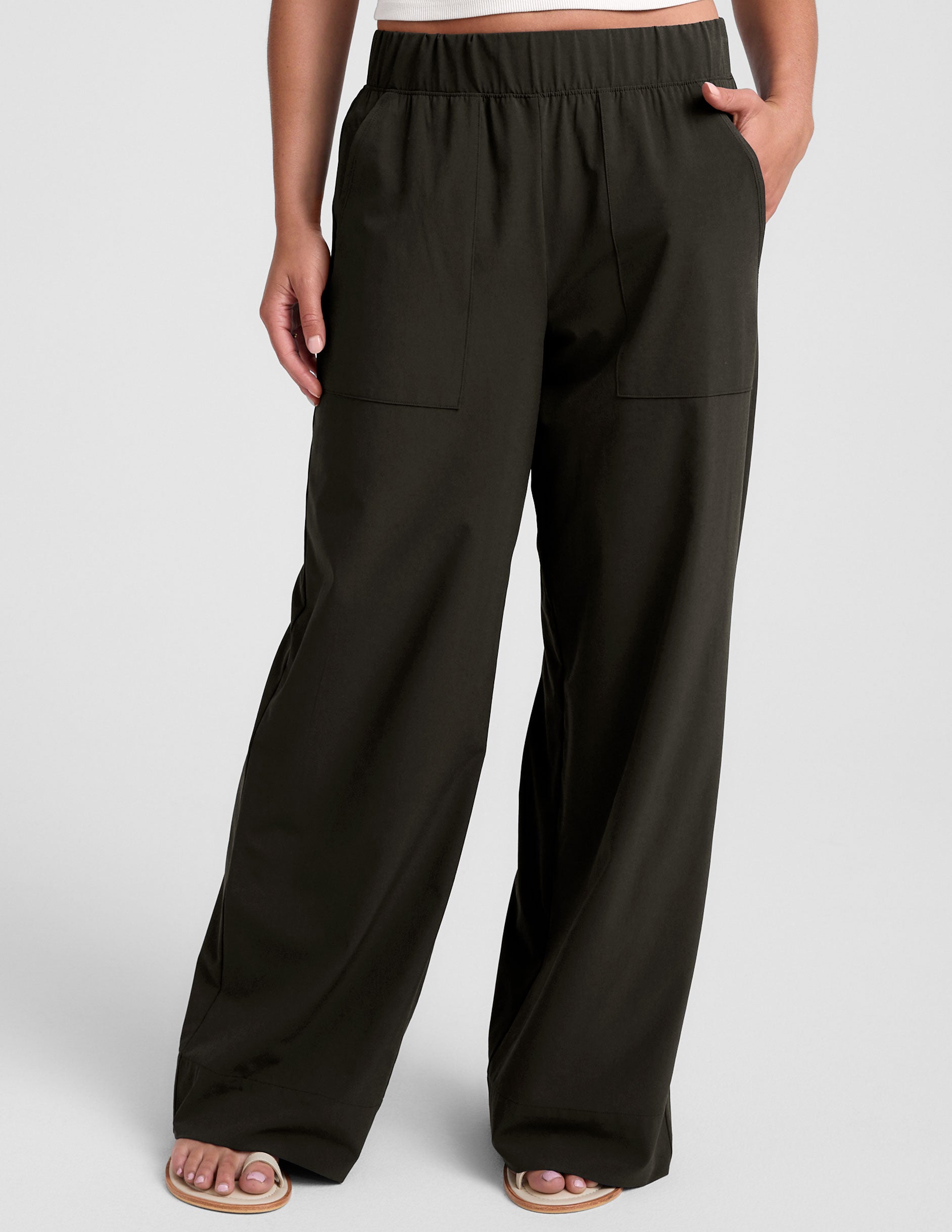 Super Soft Olive Ink Wide Leg Pants: Mid-Rise, Pockets, Elastic Waist