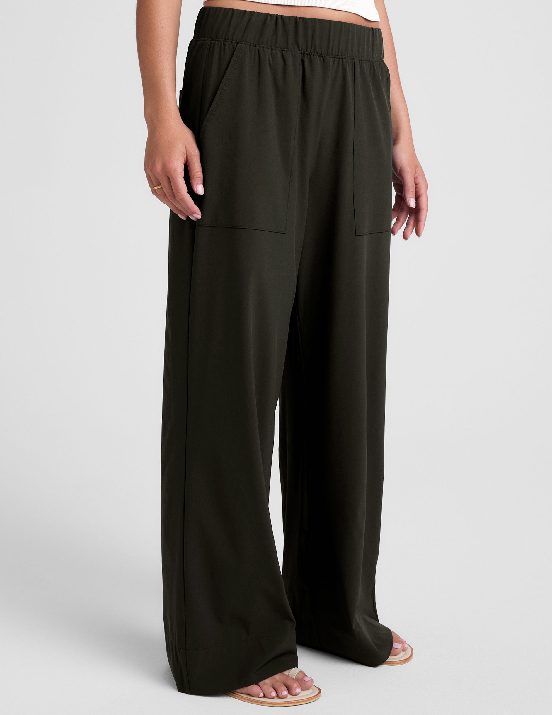 Super Soft Olive Ink Wide Leg Pants: Mid-Rise, Pockets, Elastic Waist