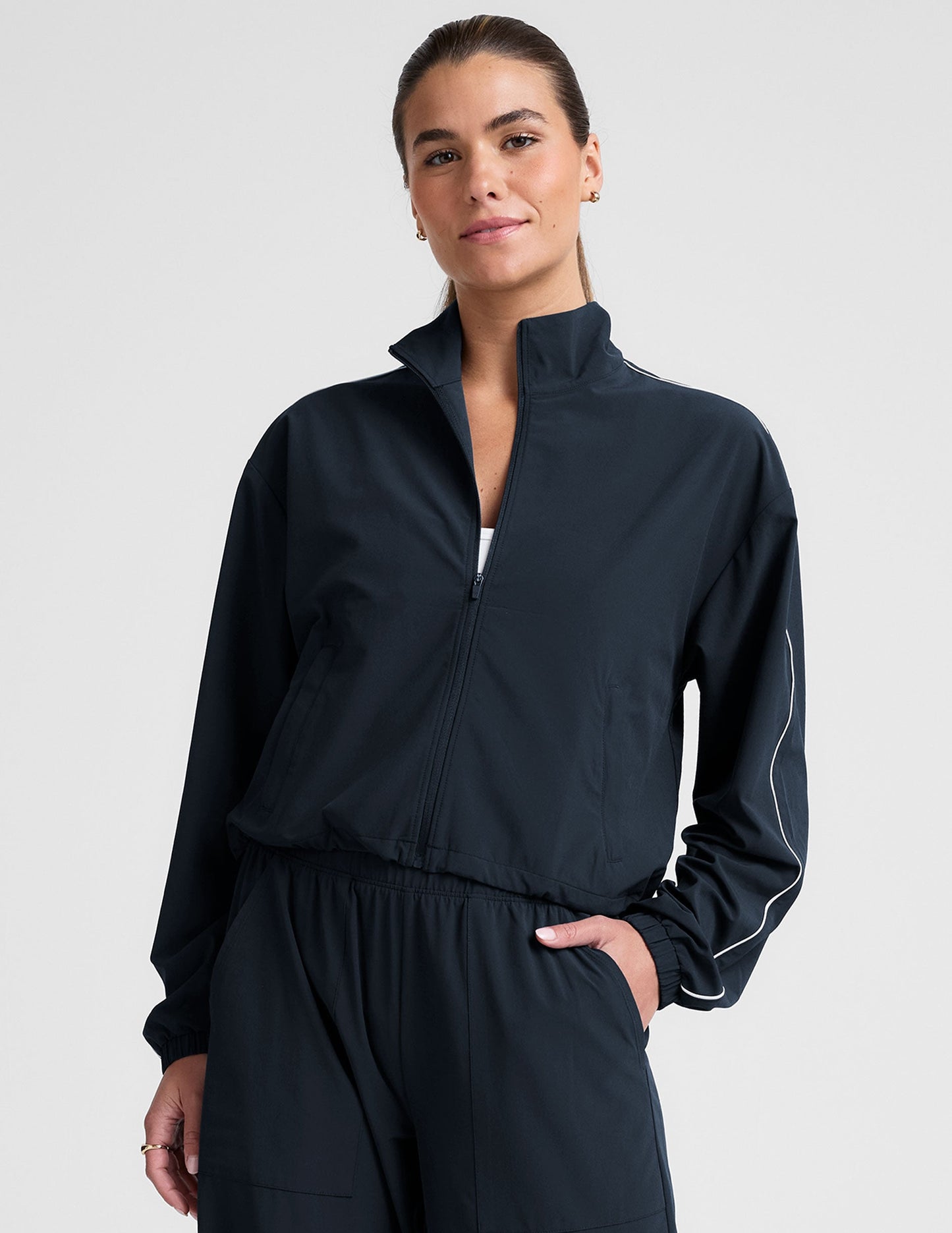 Women's Nocturnal Navy Track Jacket: Lightweight, Full-Zip, UV Protection, Adjustable Hem