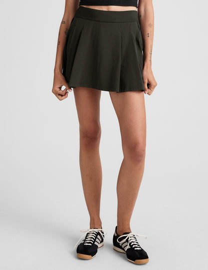 Active Pleated Mini Skirt with Built-in Shorts and Pockets, Olive Ink
