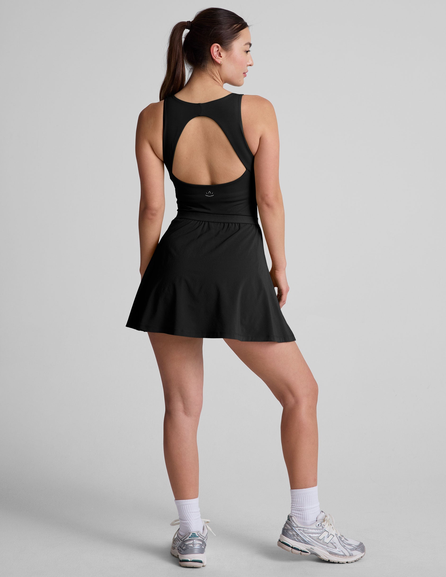 Performance Pleated Mini Dress with Built-in Shorts, Pockets, Open Back