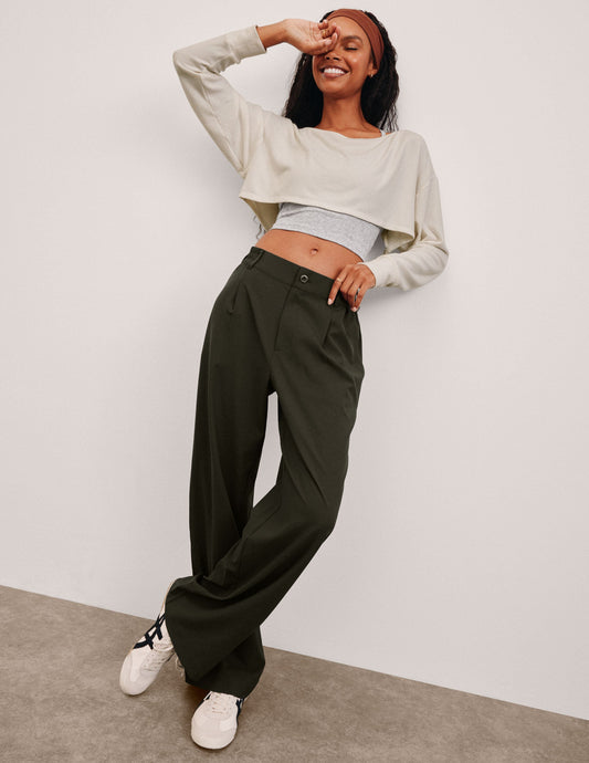 Versatile Olive Ink Wide Leg Trousers: Flowy Comfort, Tailored Style, Pockets, Elastic Waist
