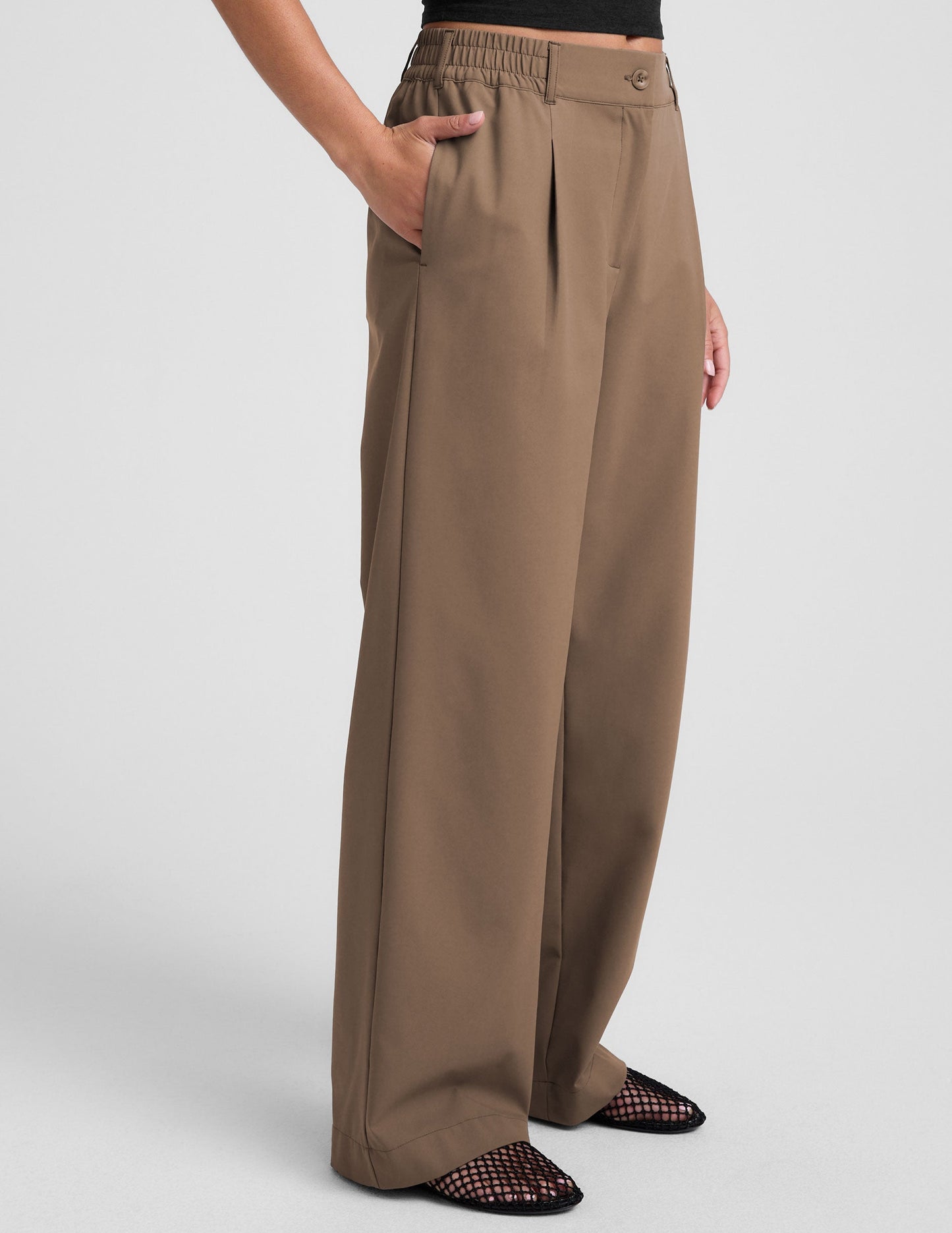 Chic Dune Mid-Rise Wide Leg Trousers with Elastic Waist and Pockets