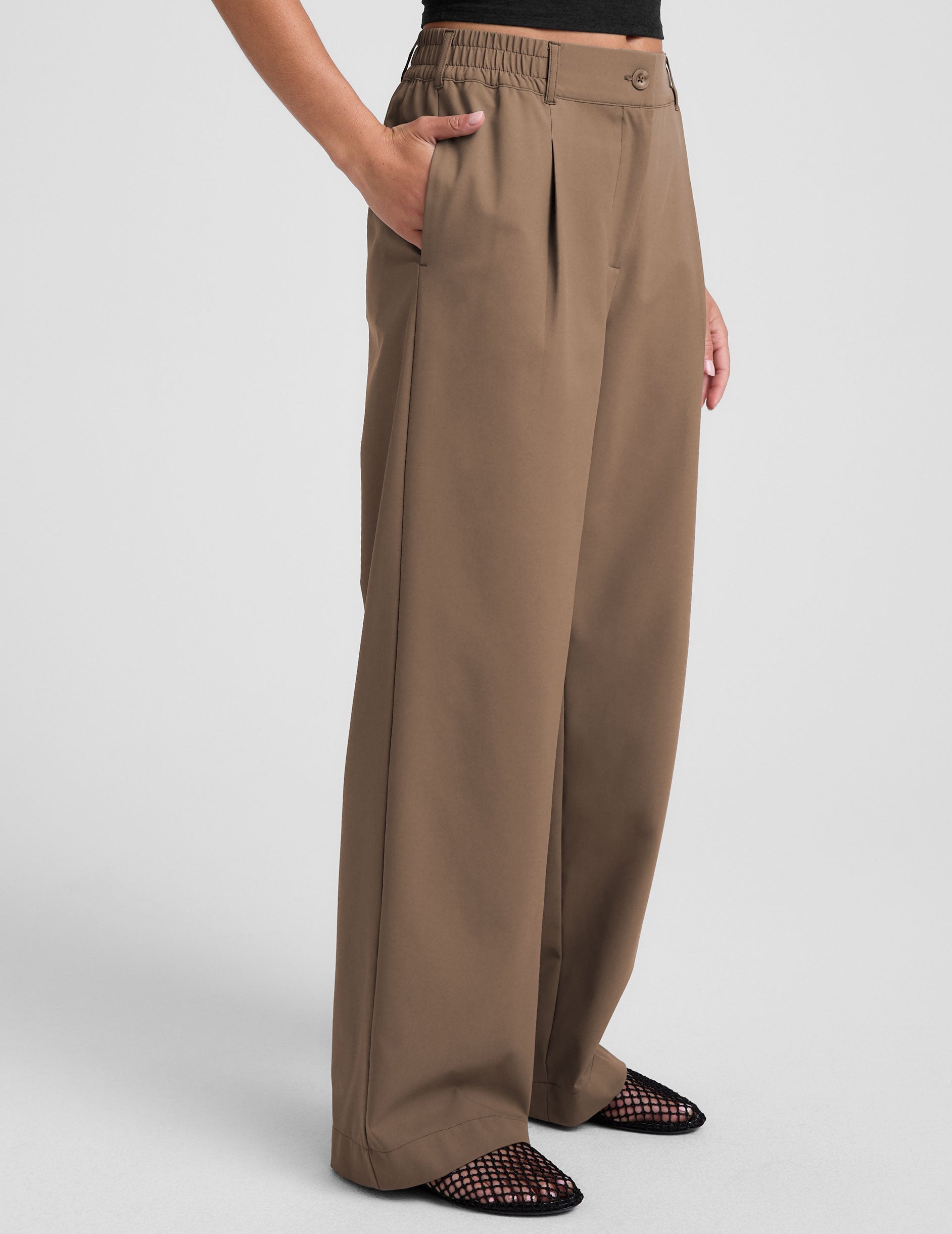 Chic Dune Mid-Rise Wide Leg Trousers with Elastic Waist and Pockets