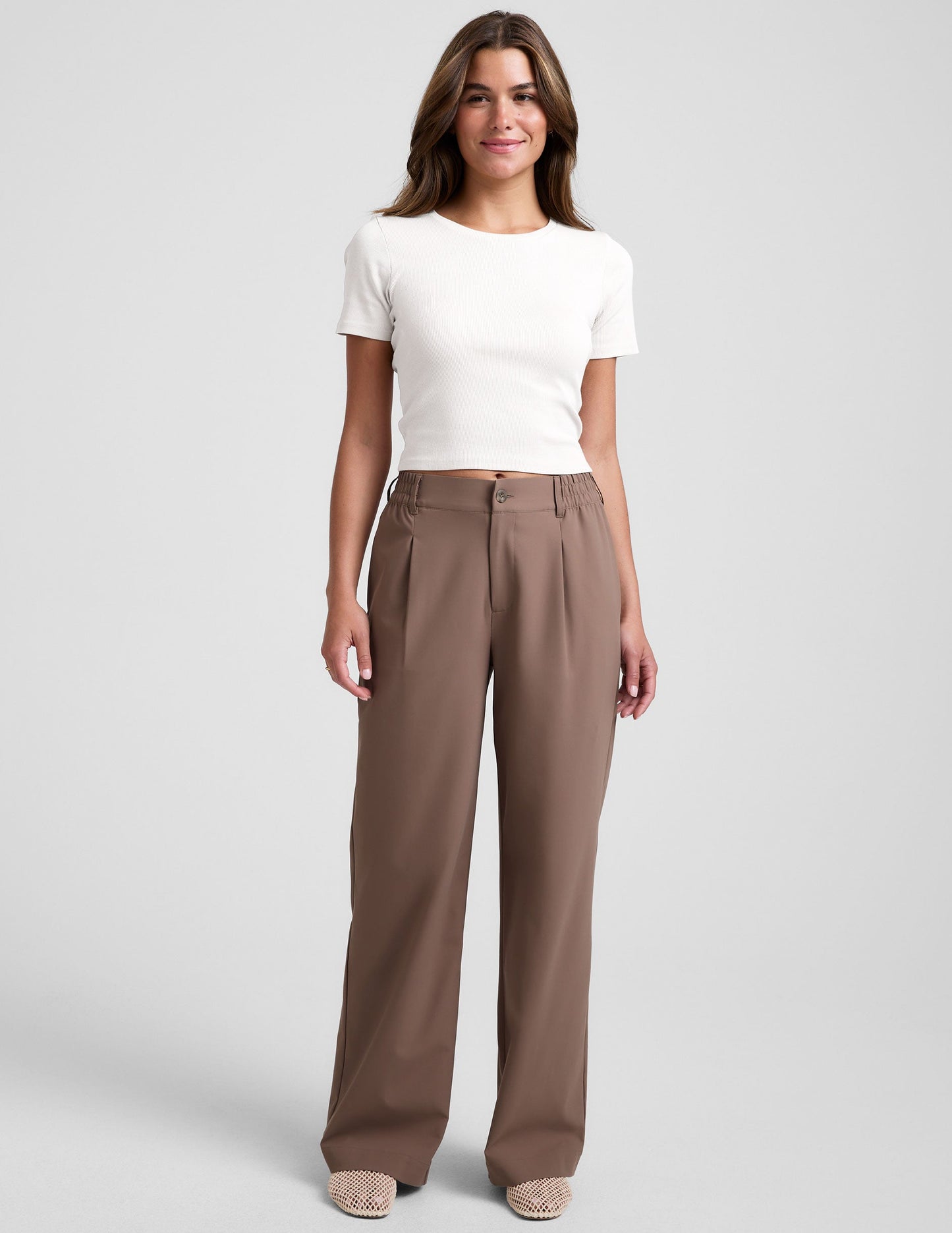 Comfortable Khaki Wide Leg Trousers: Flowy, Straight-Leg Pant with Pockets for Women
