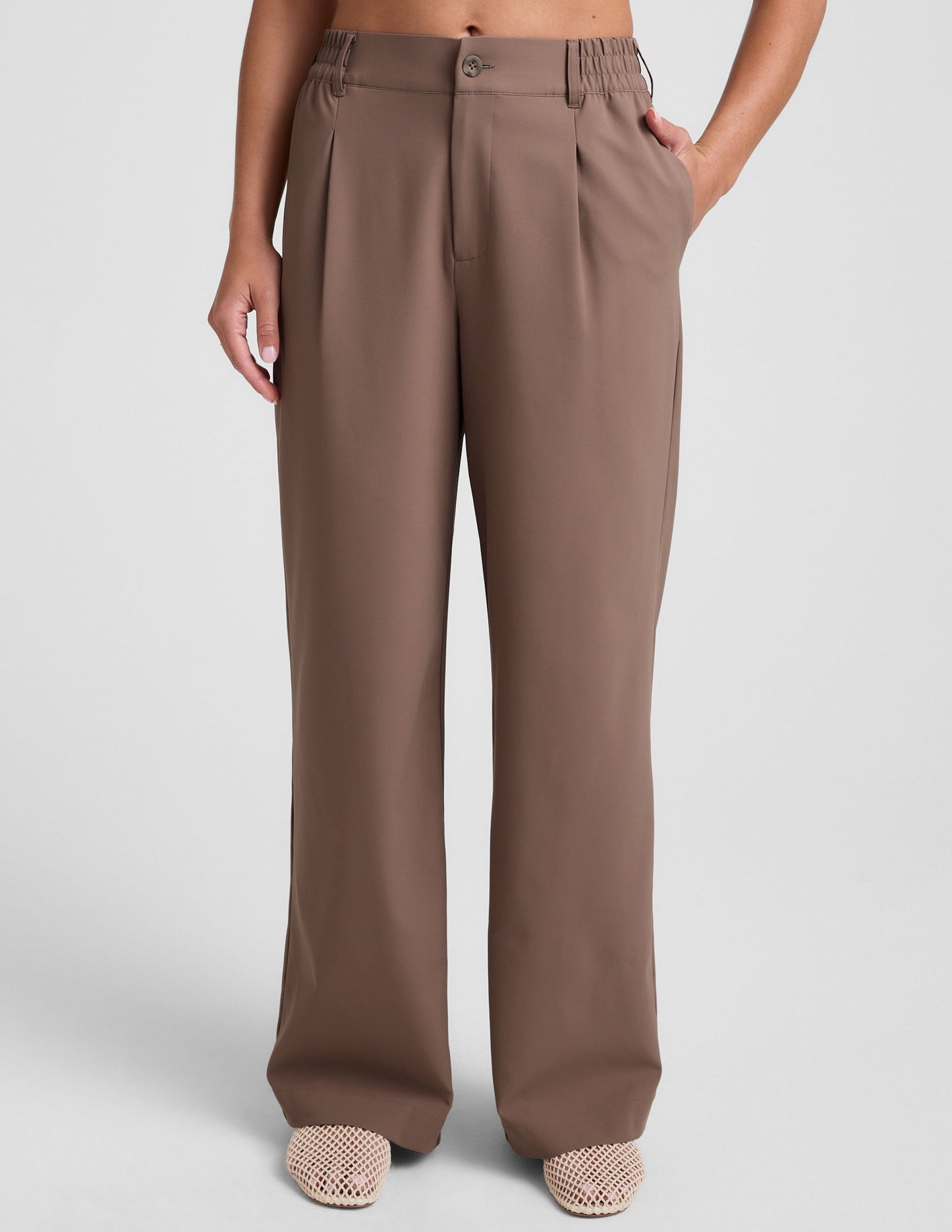 Comfortable Khaki Wide Leg Trousers: Flowy, Straight-Leg Pant with Pockets for Women