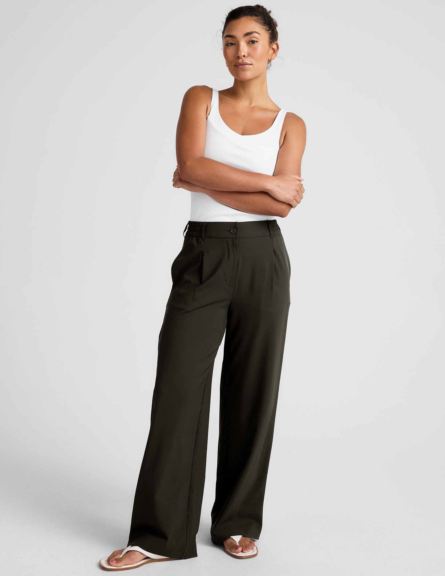 Versatile Olive Ink Wide Leg Trousers: Flowy Comfort, Tailored Style, Pockets, Elastic Waist
