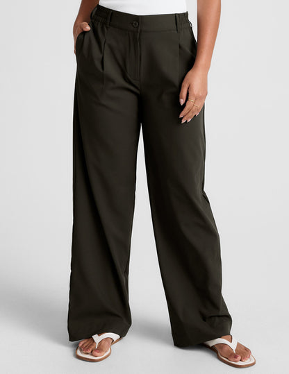 Versatile Olive Ink Wide Leg Trousers: Flowy Comfort, Tailored Style, Pockets, Elastic Waist