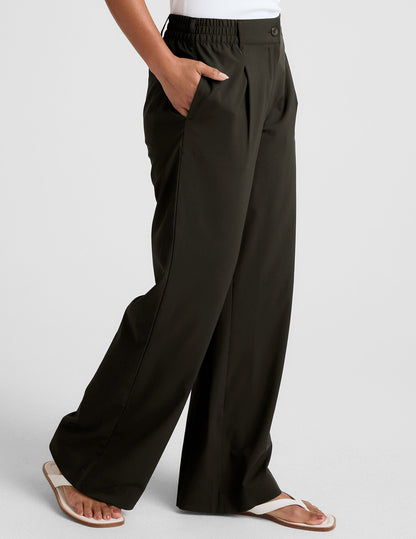 Versatile Olive Ink Wide Leg Trousers: Flowy Comfort, Tailored Style, Pockets, Elastic Waist