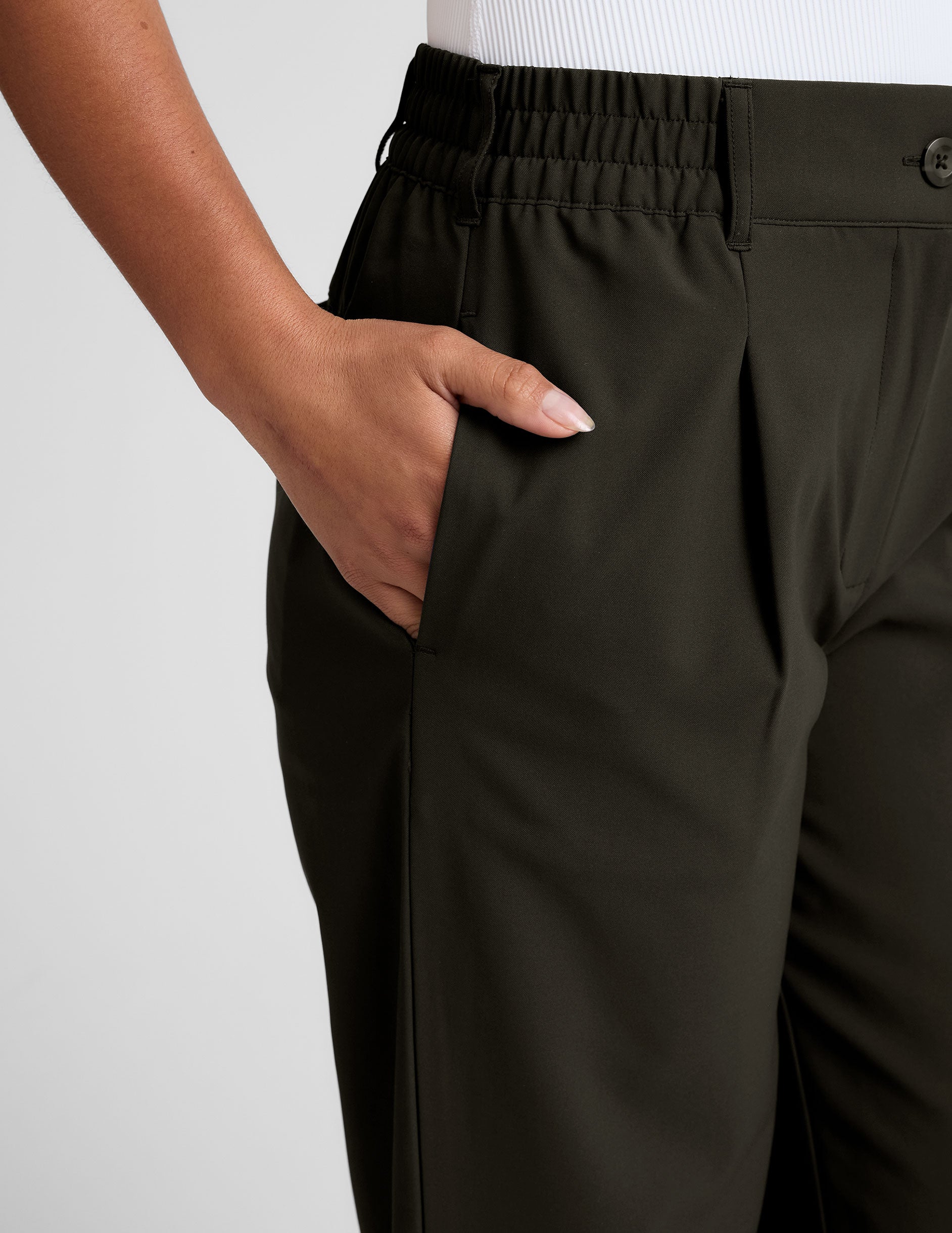 Versatile Olive Ink Wide Leg Trousers: Flowy Comfort, Tailored Style, Pockets, Elastic Waist