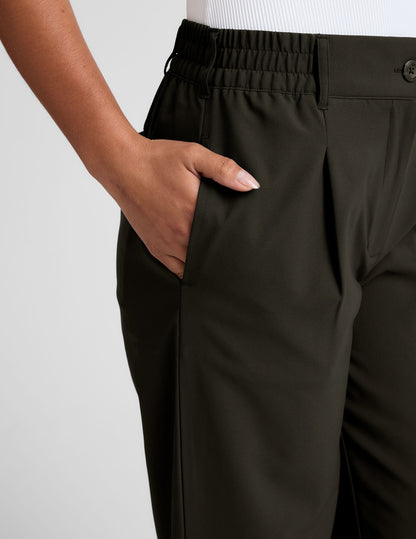 Versatile Olive Ink Wide Leg Trousers: Flowy Comfort, Tailored Style, Pockets, Elastic Waist