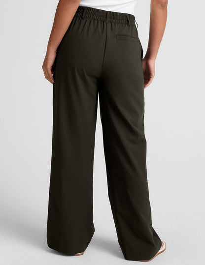 Versatile Olive Ink Wide Leg Trousers: Flowy Comfort, Tailored Style, Pockets, Elastic Waist