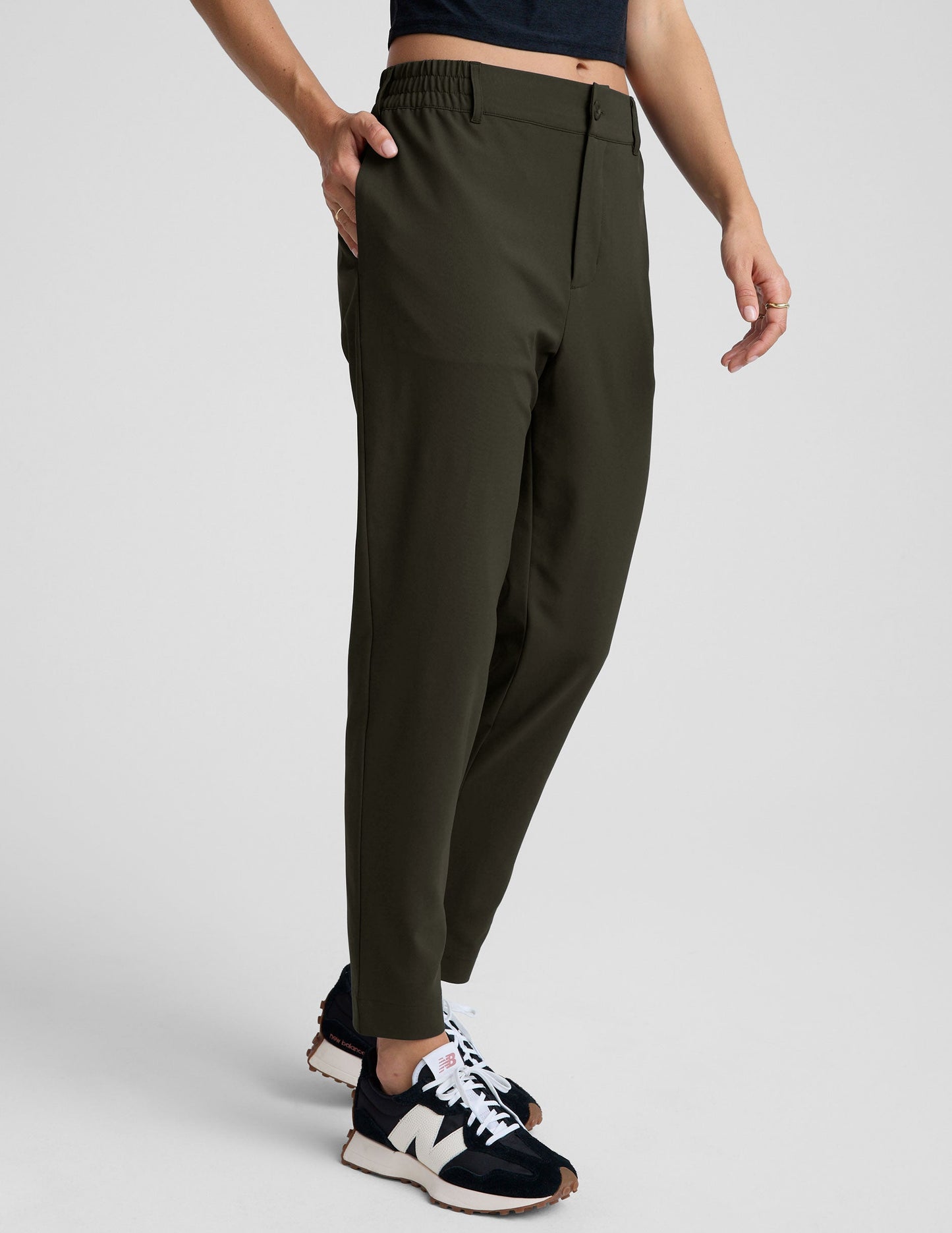 Comfortable Mid-Rise Tapered Pant: Lightweight Jetstretch Woven, Pockets, Belt Loops