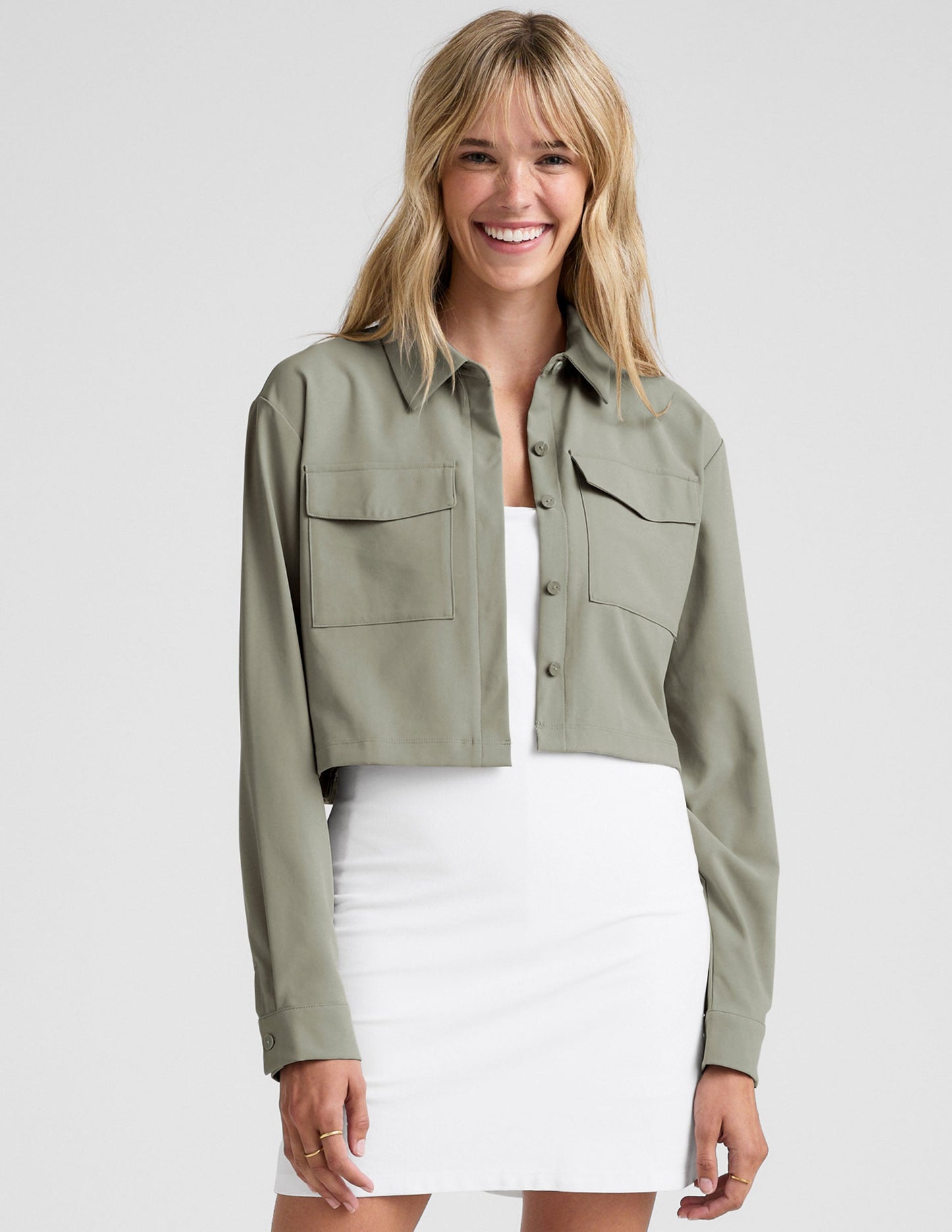 Women's Midtown Cropped Jacket: JetStretch Woven, Relaxed Fit, Grey Sage