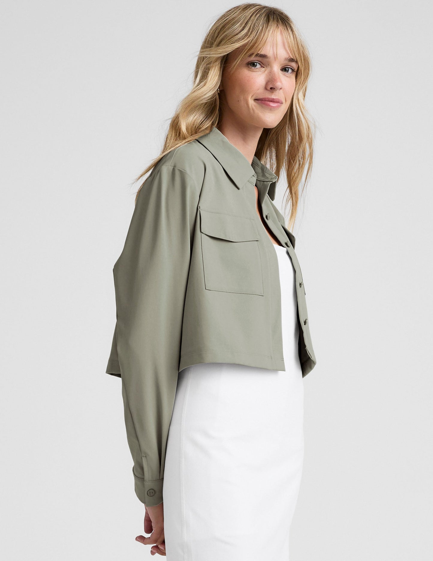 Women's Midtown Cropped Jacket: JetStretch Woven, Relaxed Fit, Grey Sage