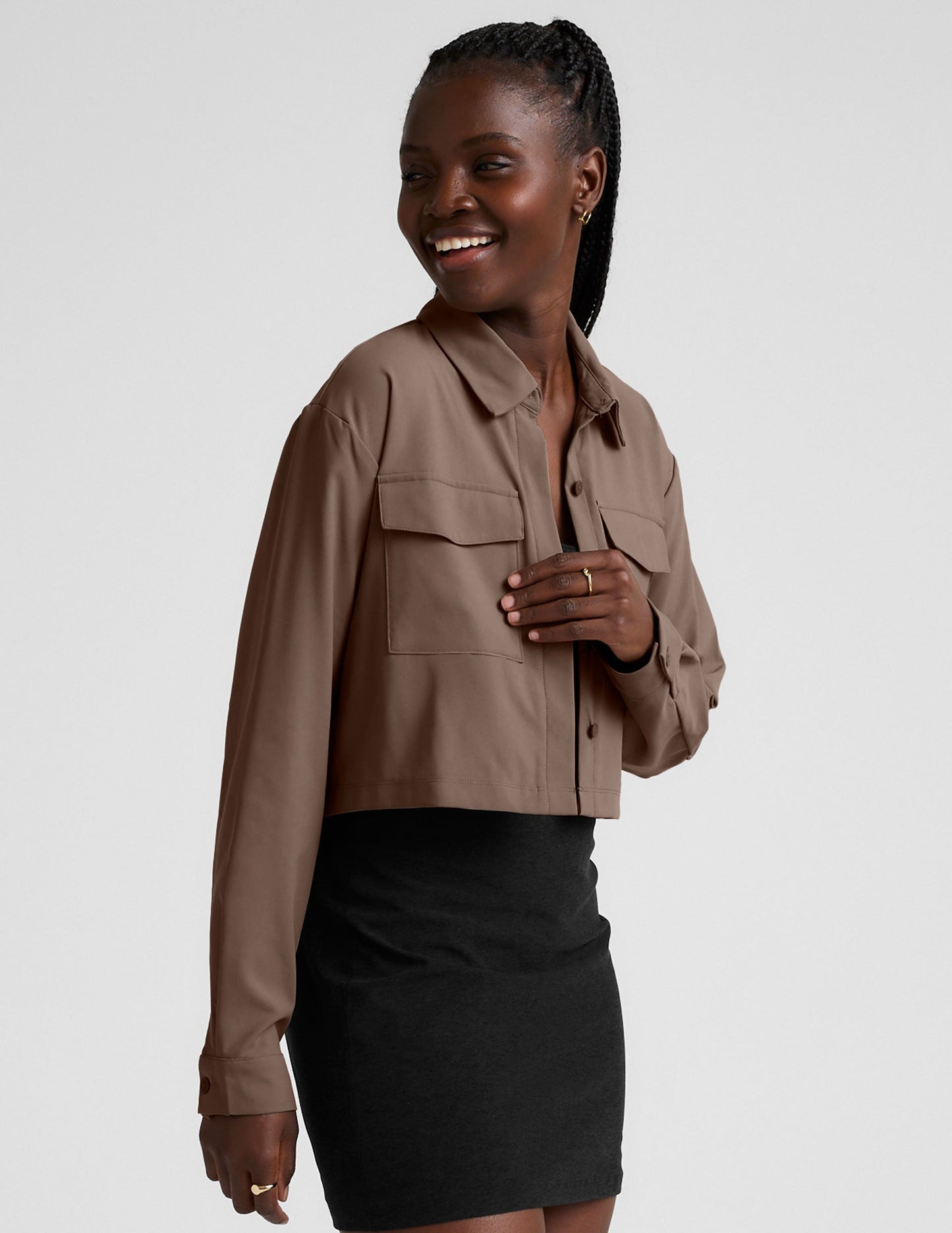 Effortless JetStretch Woven Cropped Jacket: Stylish Button-Down, Relaxed Fit, Versatile
