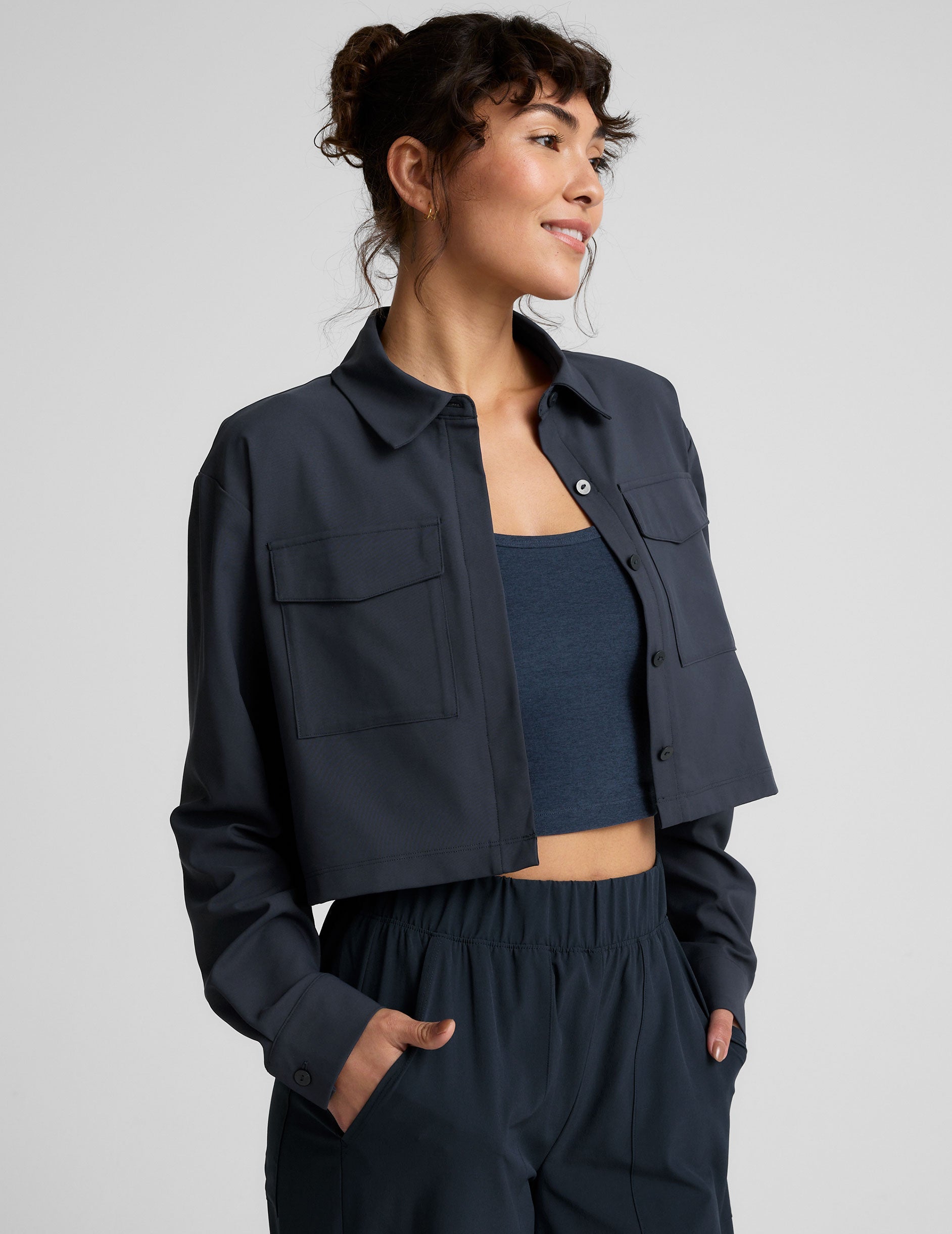 Stylish Midtown Cropped Jacket: Lightweight JetStretch Woven Fabric, Cargo Pockets