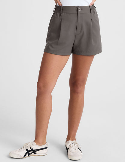 Women's Mid-Rise Tailored Stretch Shorts with Elastic Waist and Pockets