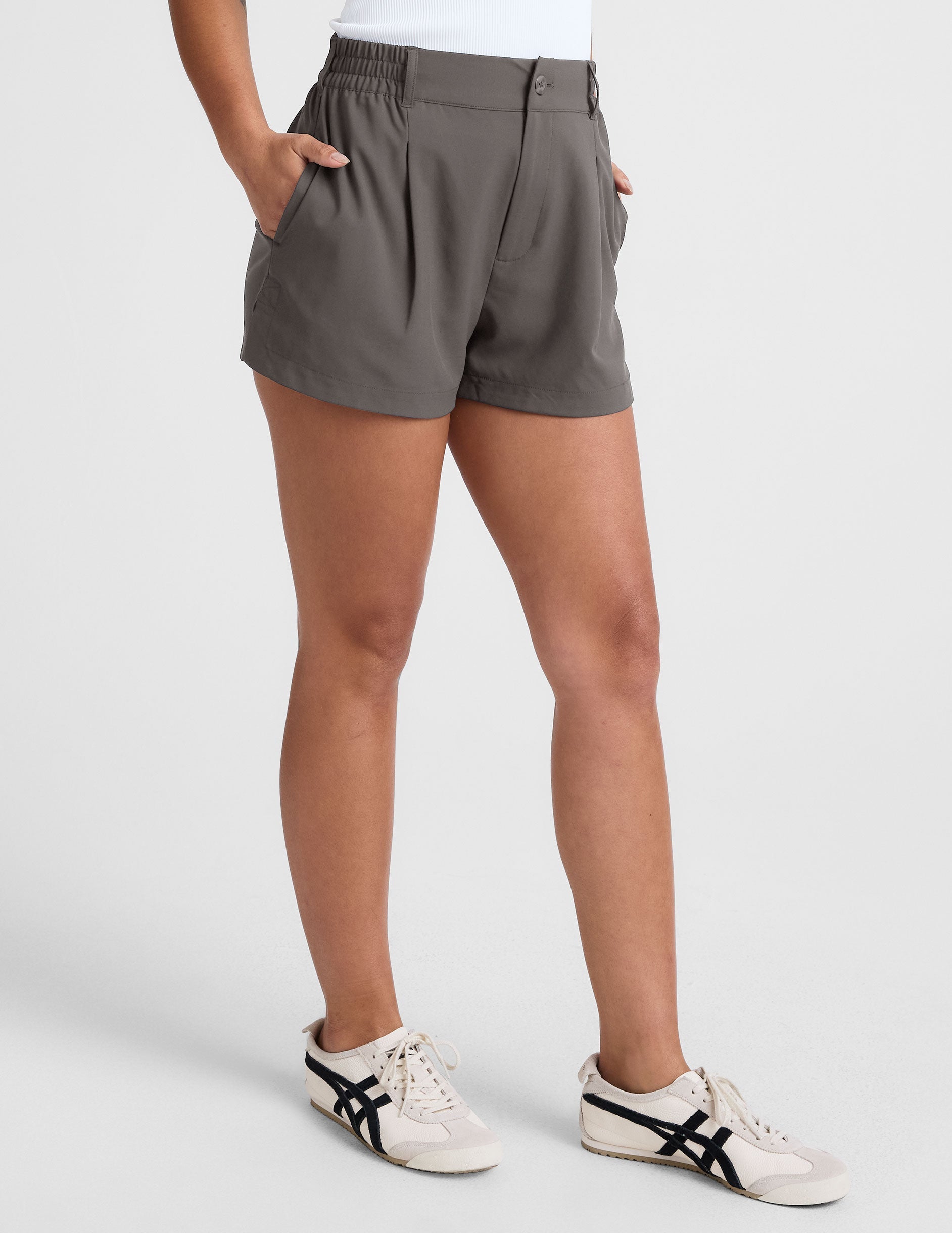 Women's Mid-Rise Tailored Stretch Shorts with Elastic Waist and Pockets