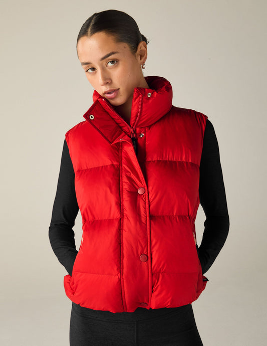 Women's Ruby Red Cozy Puffer Vest - Warm, Stylish, Versatile Button-Up Outerwear