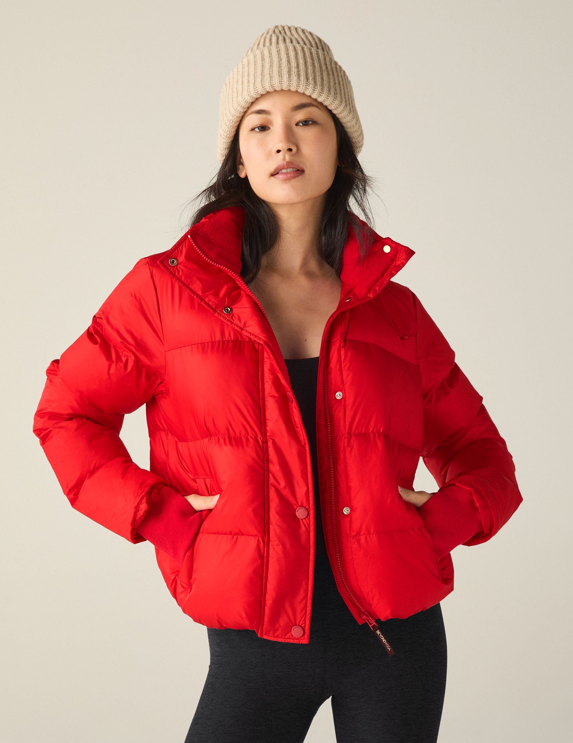 Ruby Red Hooded Puffer Jacket with Thumbhole Cuffs & Adjustable Waist