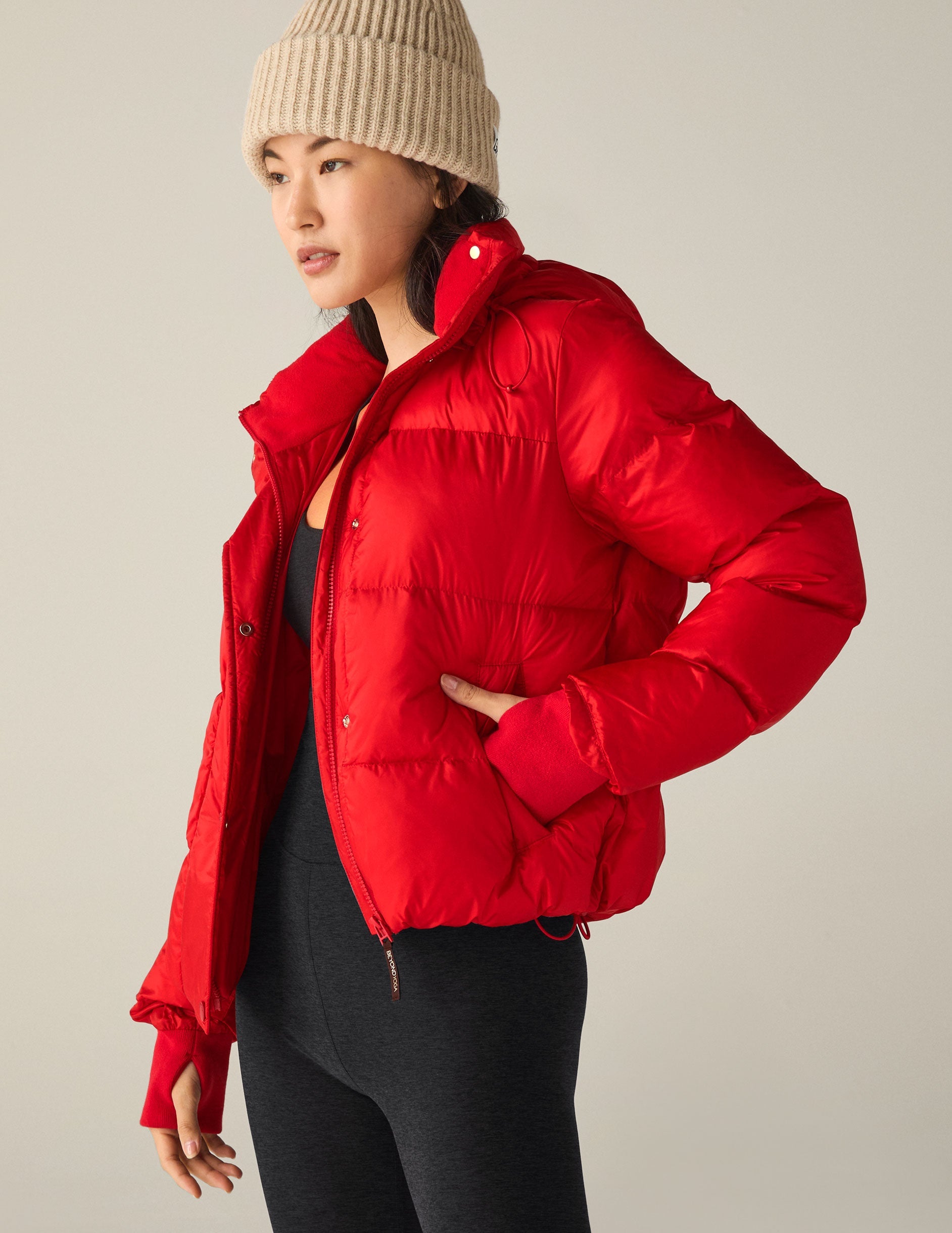 Ruby Red Hooded Puffer Jacket with Thumbhole Cuffs & Adjustable Waist