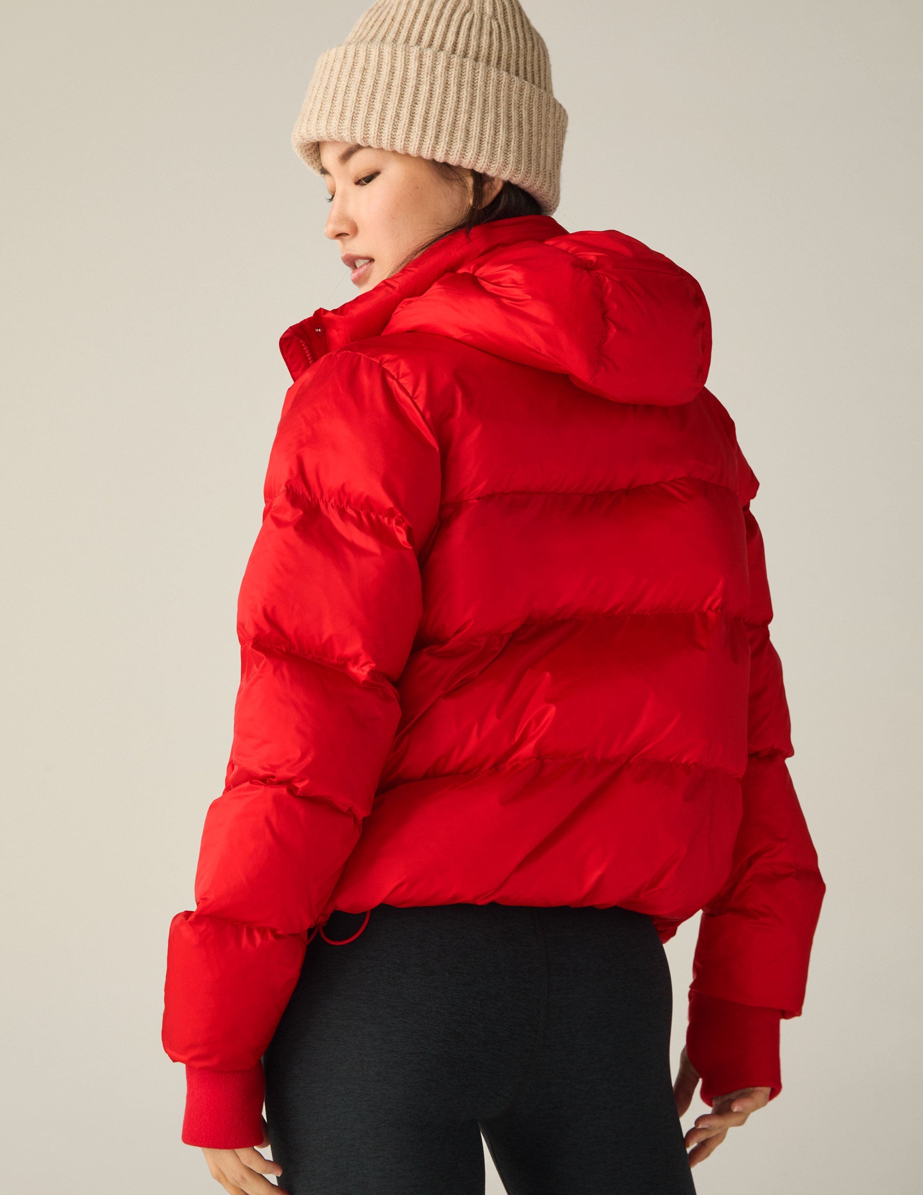 Ruby Red Hooded Puffer Jacket with Thumbhole Cuffs & Adjustable Waist