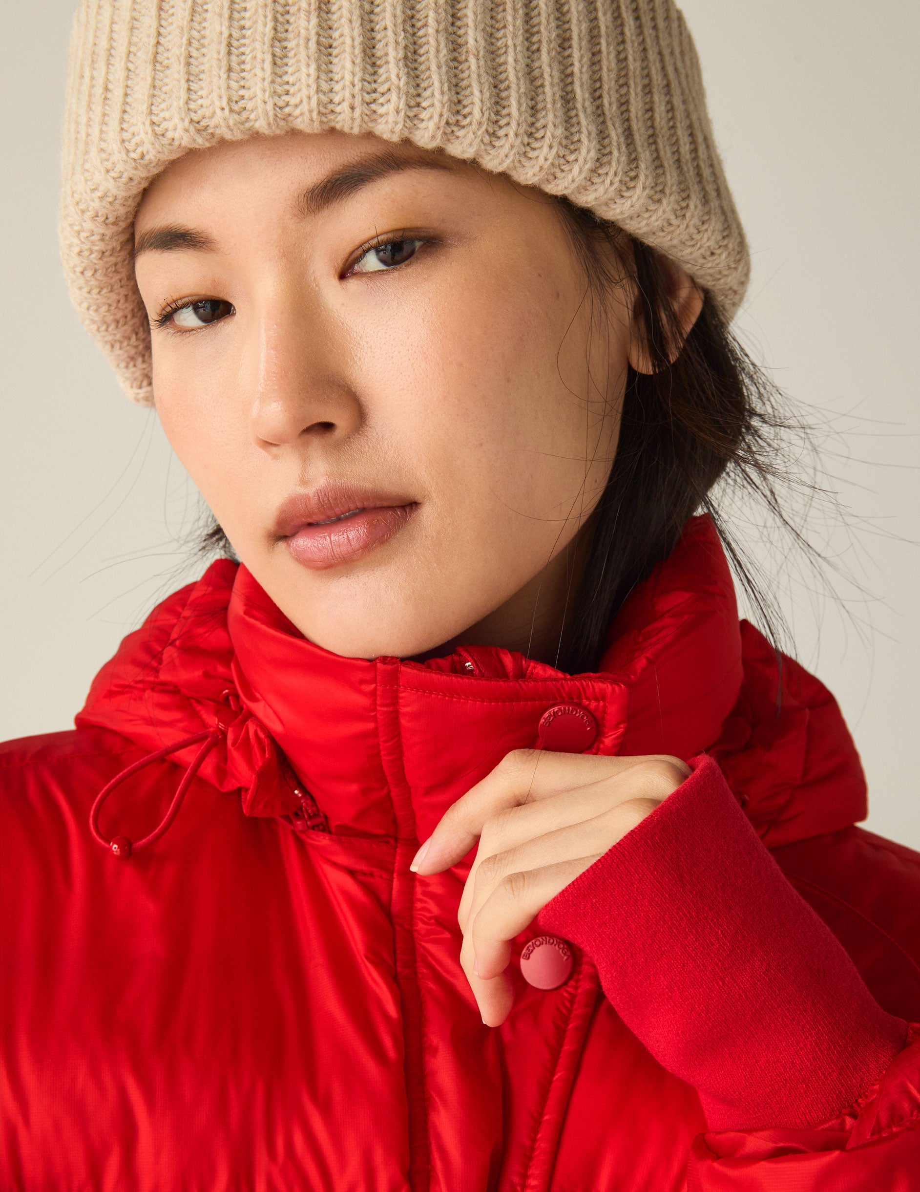 Ruby Red Hooded Puffer Jacket with Thumbhole Cuffs & Adjustable Waist