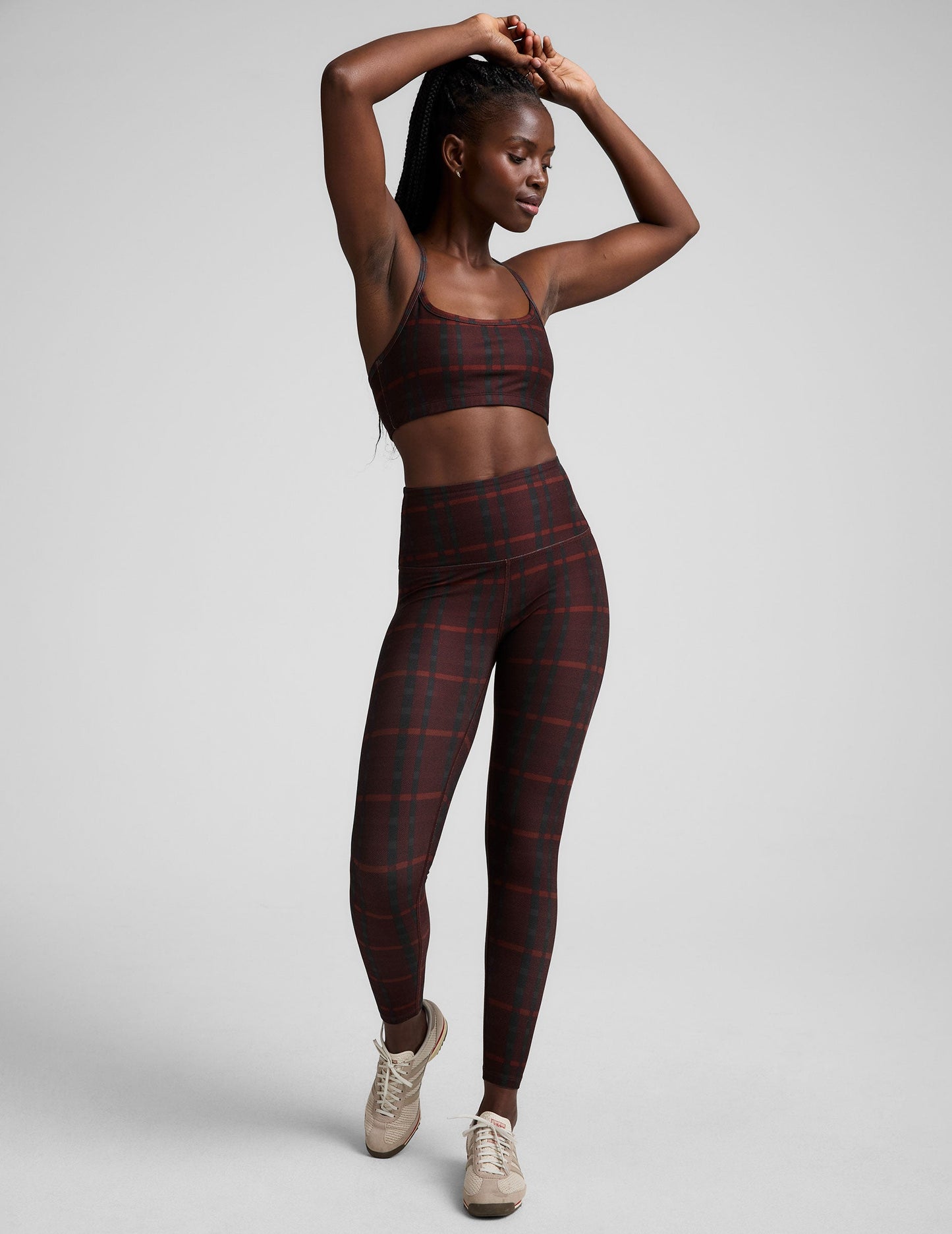 SoftMark High-Waisted Midi Leggings: Dark Cherry Plaid, Buttery Soft, Moisture-Wicking