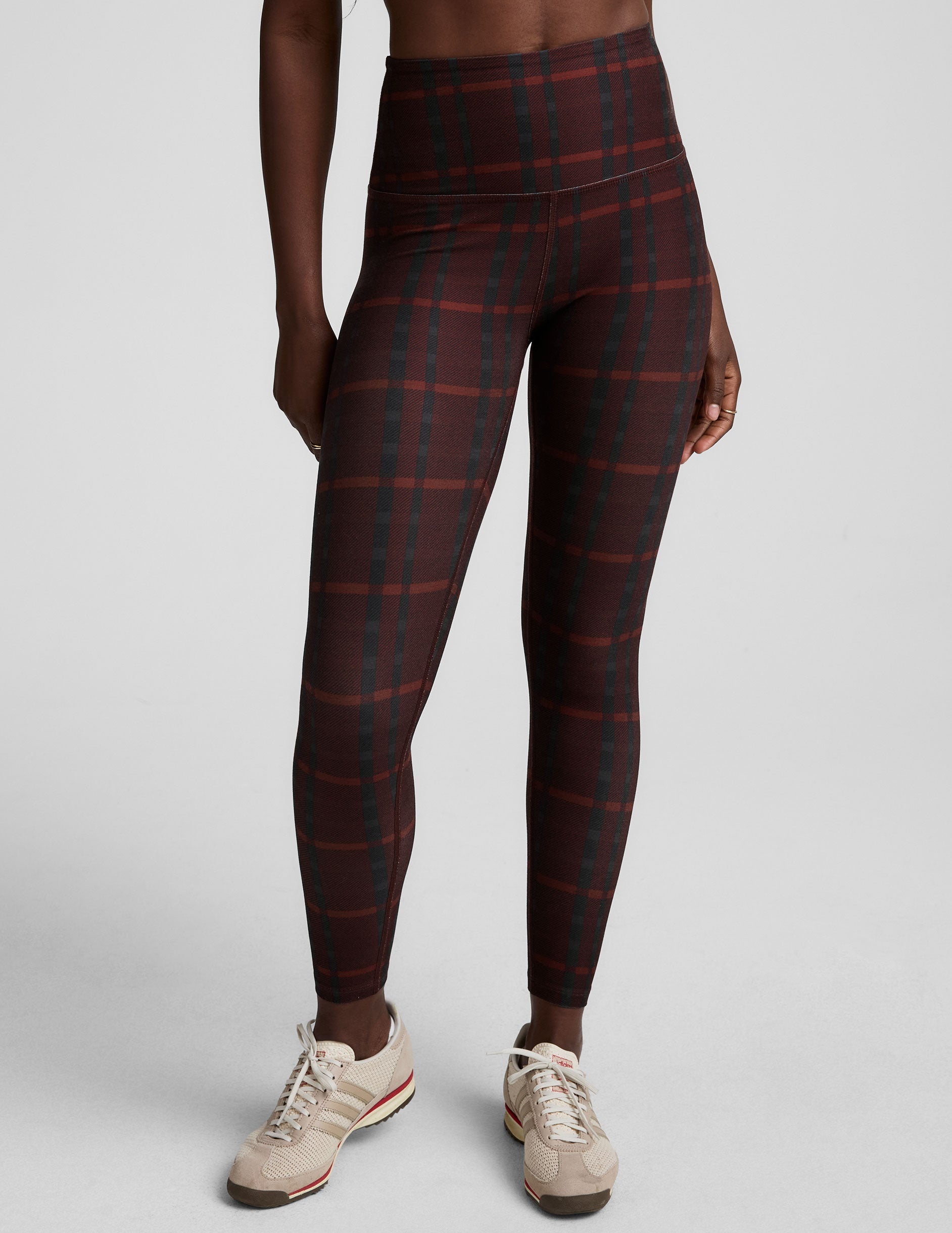 SoftMark High-Waisted Midi Leggings: Dark Cherry Plaid, Buttery Soft, Moisture-Wicking