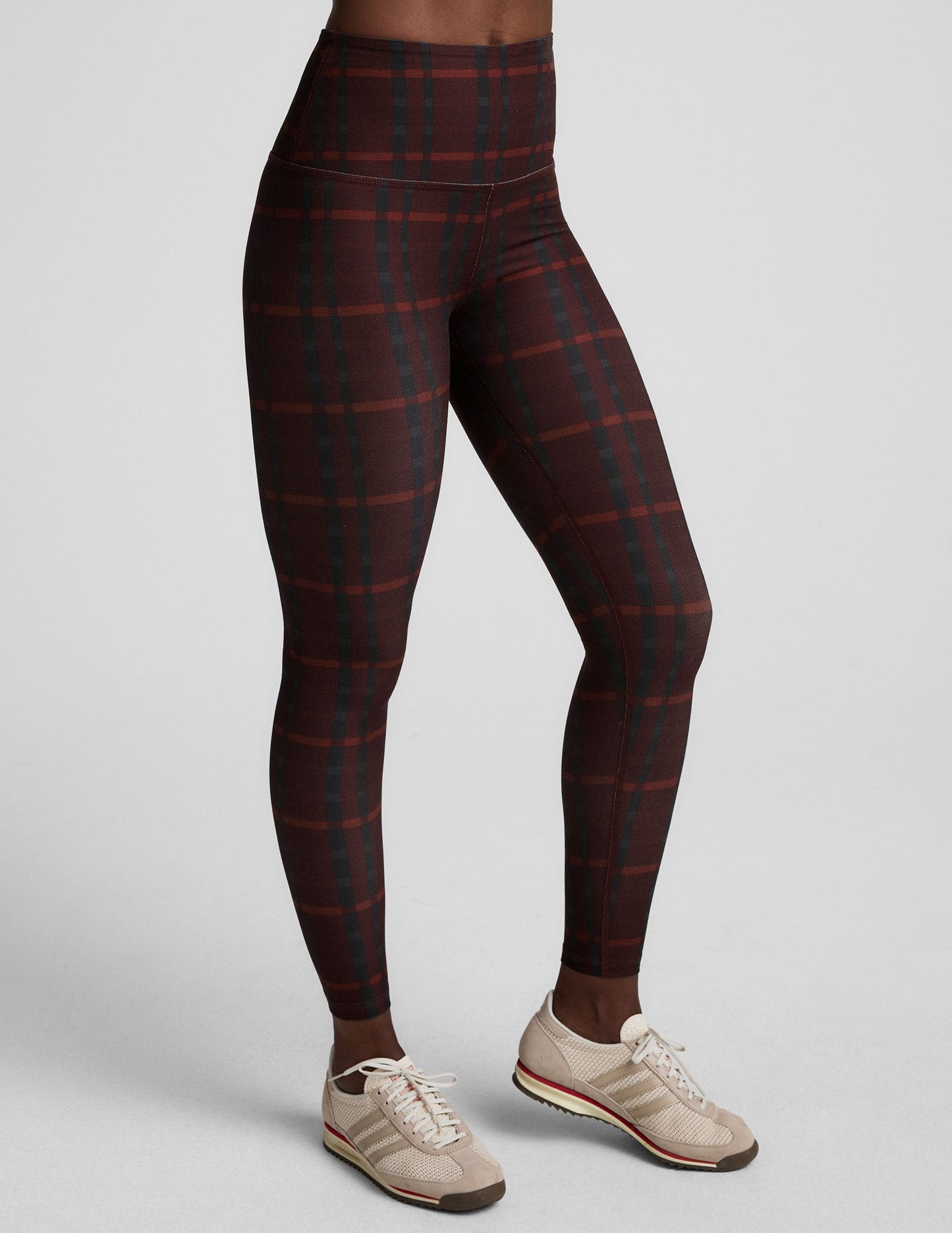 SoftMark High-Waisted Midi Leggings: Dark Cherry Plaid, Buttery Soft, Moisture-Wicking