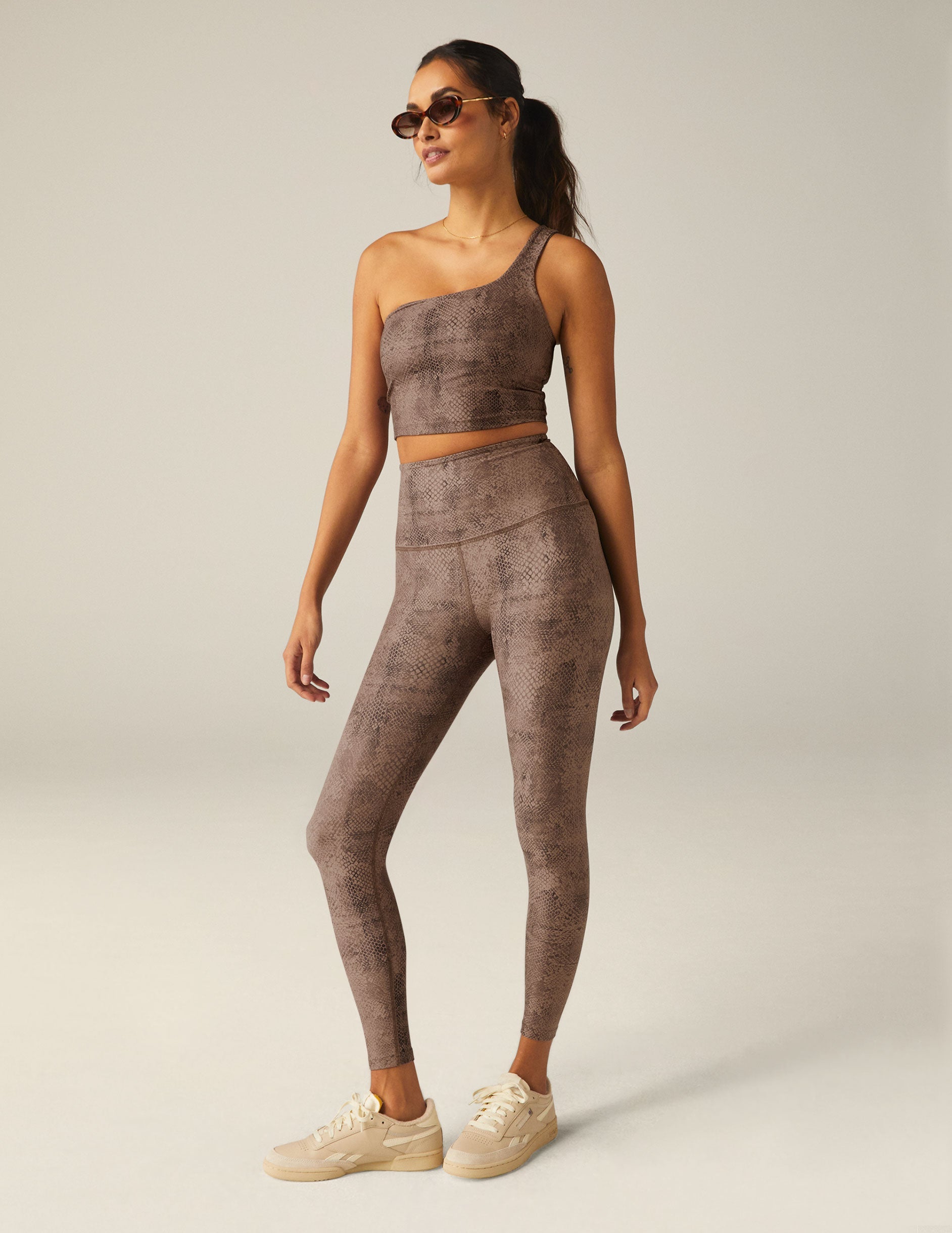 Stylish Neutral Snakeskin One-Shoulder Cropped Tank Top with Built-In Shelf Bra