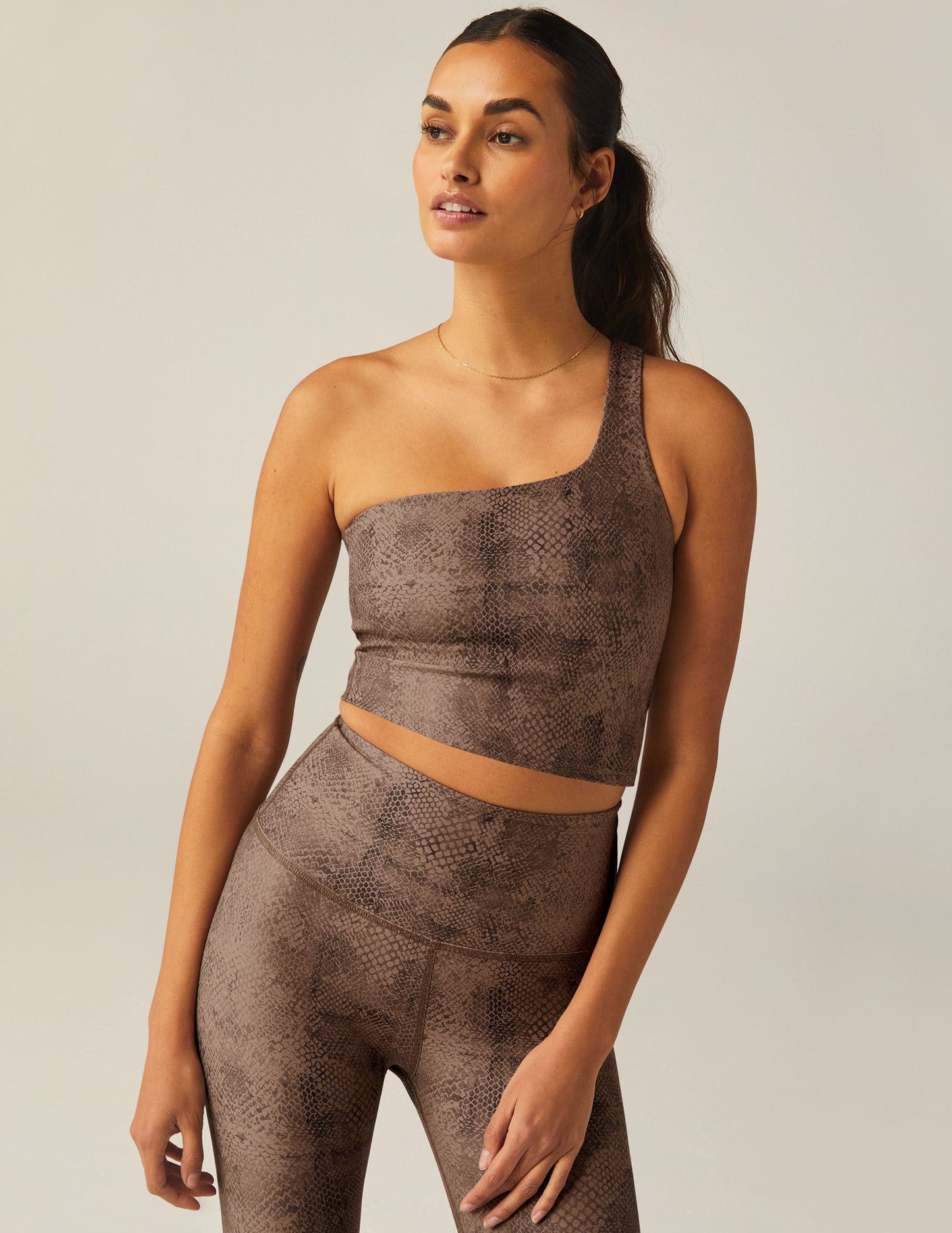 Stylish Neutral Snakeskin One-Shoulder Cropped Tank Top with Built-In Shelf Bra