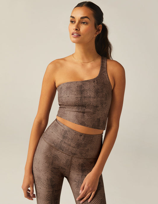 Stylish Neutral Snakeskin One-Shoulder Cropped Tank Top with Built-In Shelf Bra