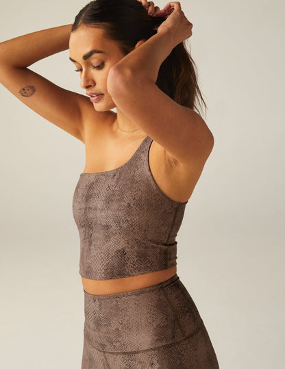 Stylish Neutral Snakeskin One-Shoulder Cropped Tank Top with Built-In Shelf Bra