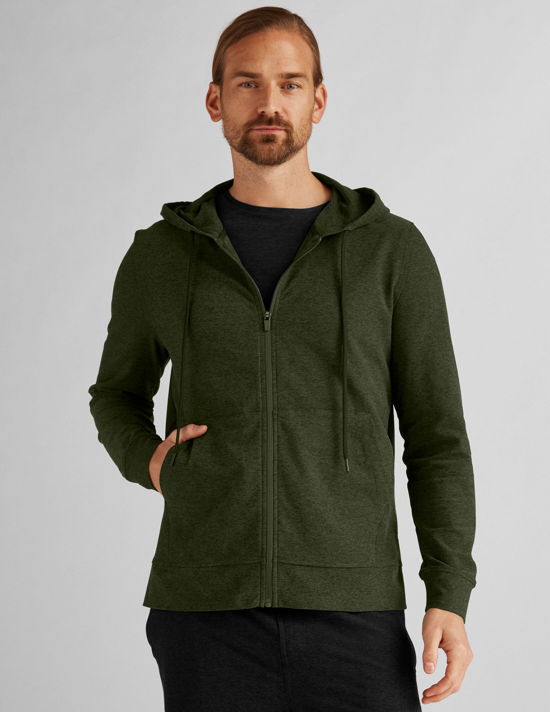 Beyond Yoga Men's Featherweight Spacedye Full-Zip Hoodie – Beyond Olive Heather